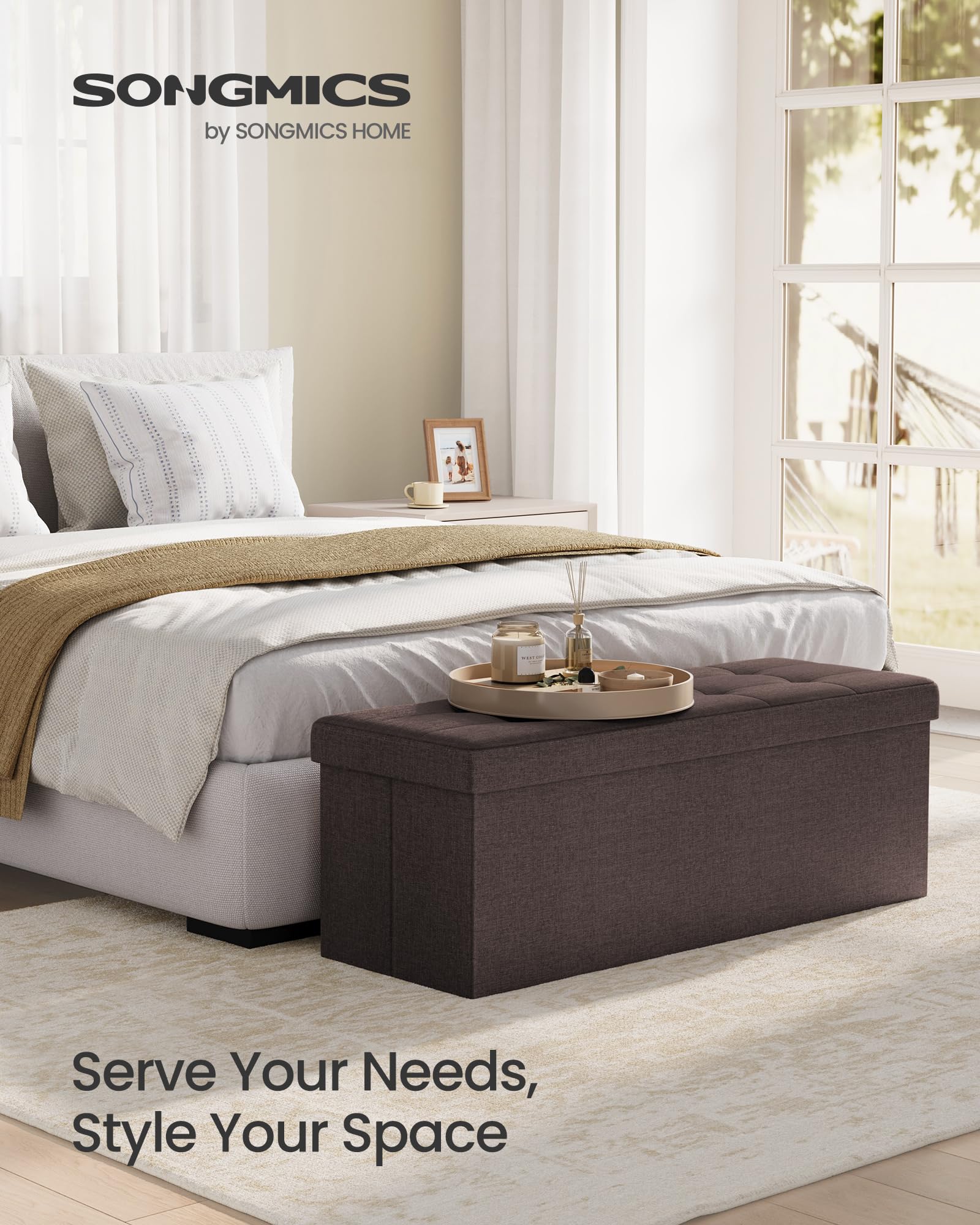 SONGMICS Mazie Collection - 30 Inches Folding Storage Ottoman Bench, Ottoman Foot Rest, End of Bed Bench, Storage Chest, Load 660 lb, for Living Room, Bedroom, Entryway, Ink Black ULSF047B01