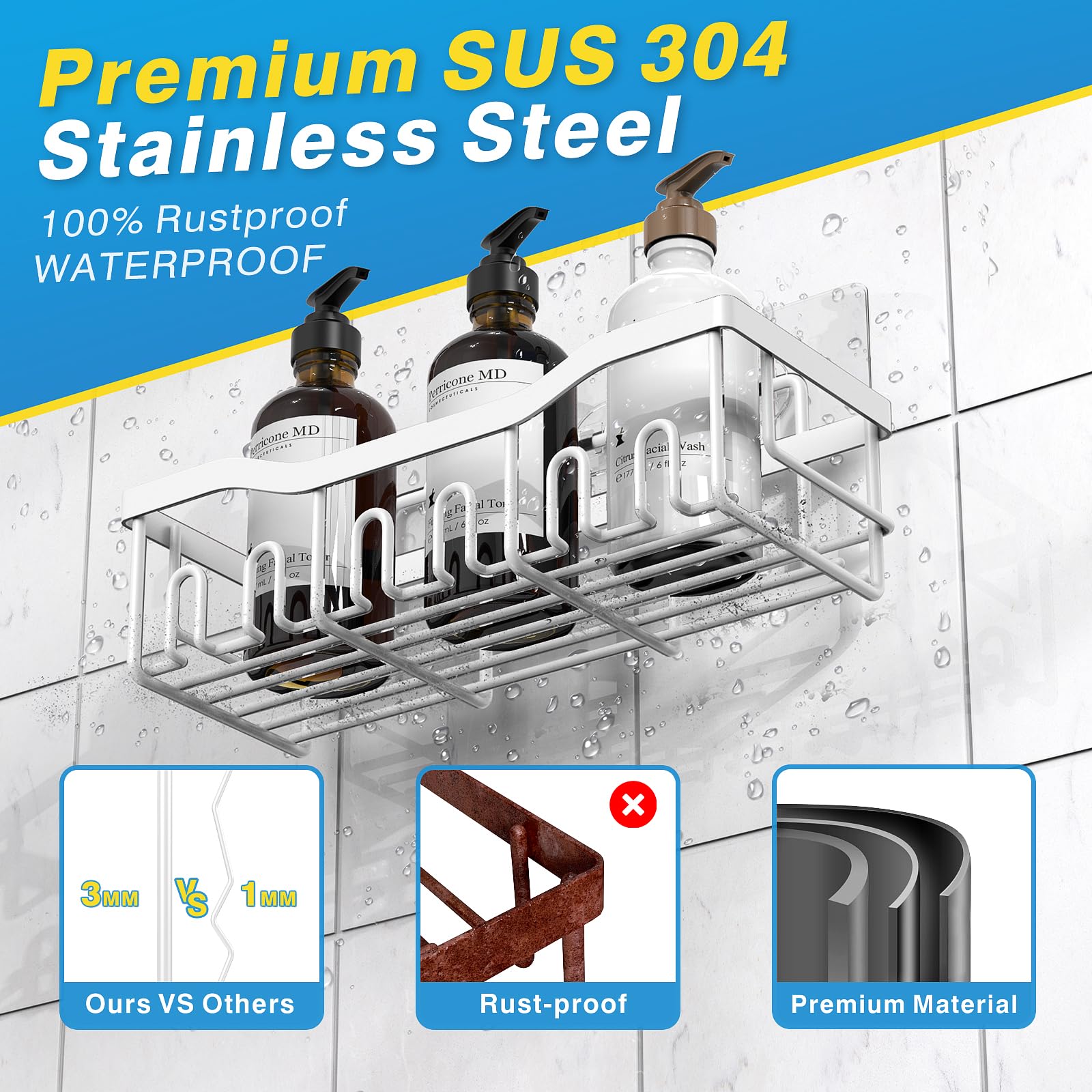 EUDELE Adhesive Shower Caddy, 5 Pack Rustproof Stainless Steel Bath Organizers With Large Capacity, No Drilling Shelves for Bathroom Storage & Home Decor