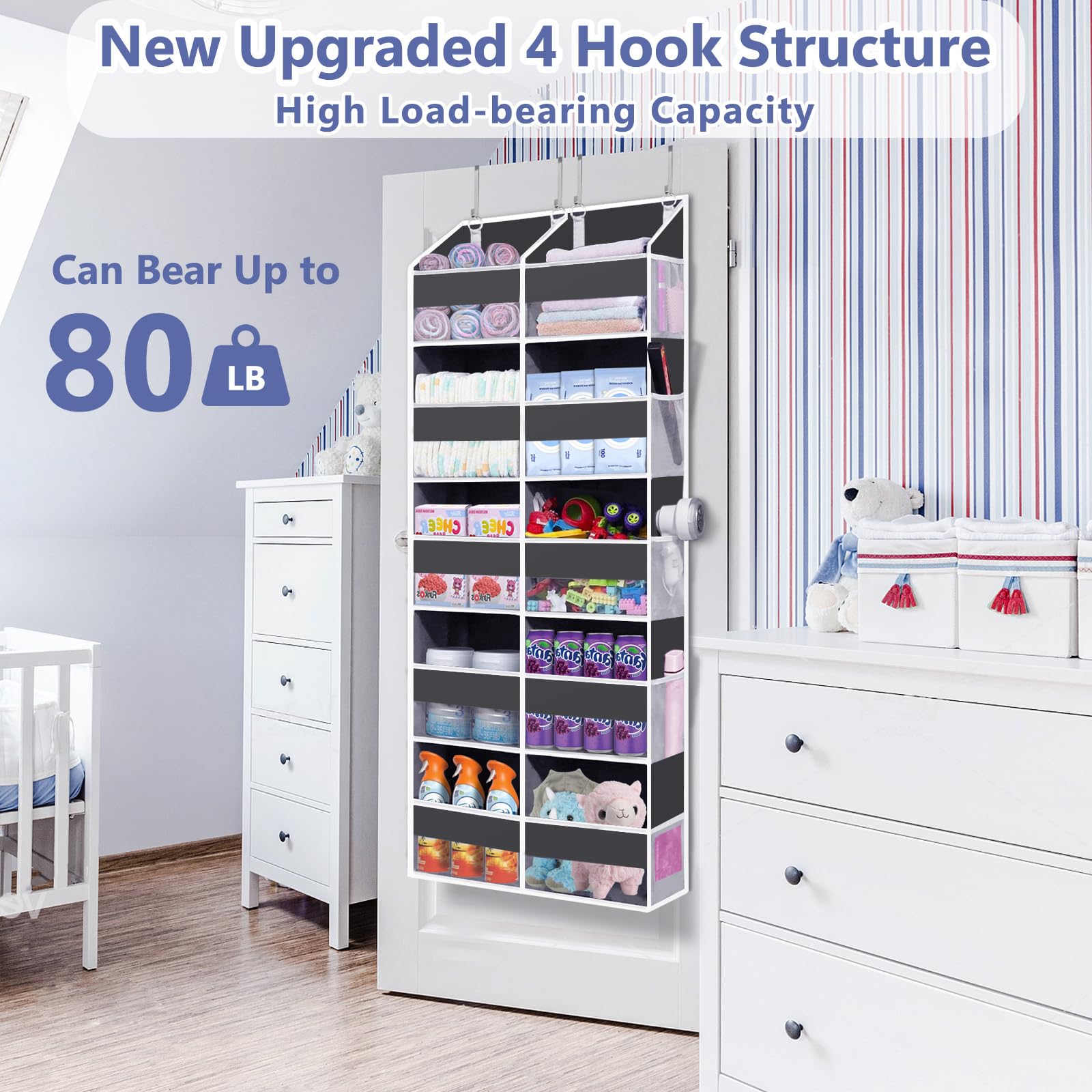 Heavy Duty Over The Door Organizer 5 Tiers, Extra Large Behind Door Storage of 10 Big Front & 10 Mesh Pockets, 80lb Weight Capacity, Hanging Doors Storage Organizer for Closet Bedroom Nursery, Grey