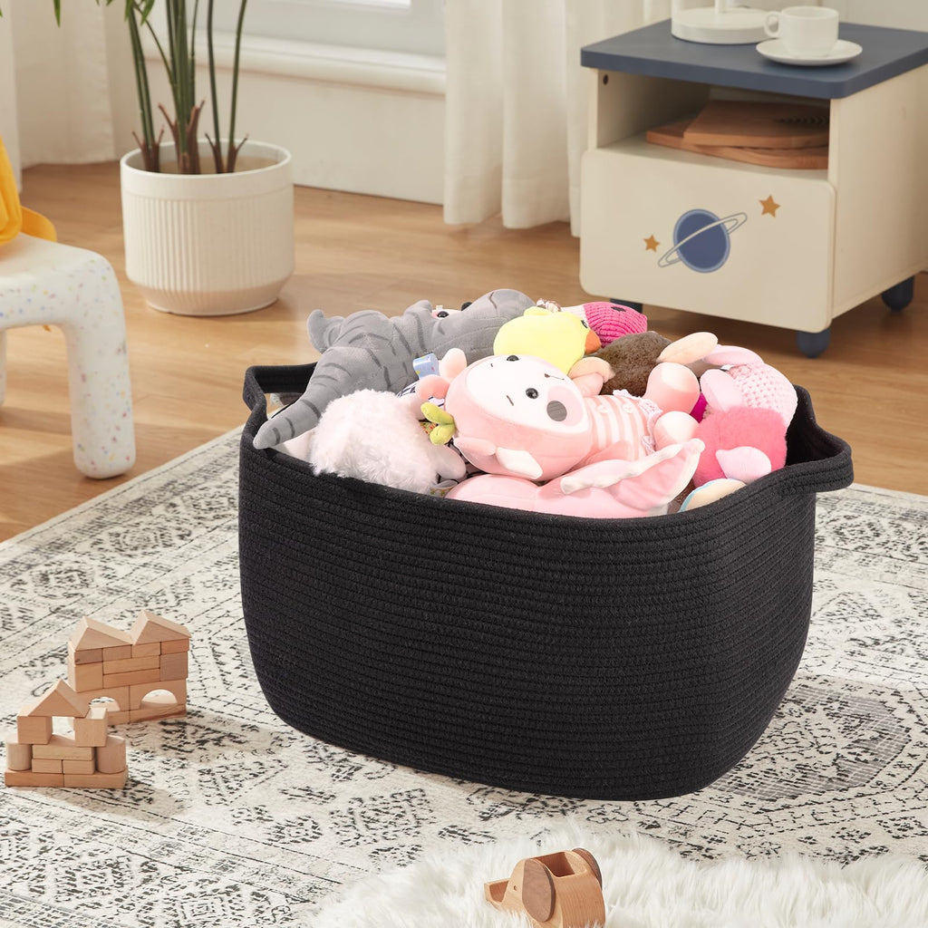 95L Extra Large Blanket Basket, 24" x 16.9" x 14.2" Woven Storage Basket for Living Room, Rectangle Nursery Blanket Storage for Toys, Towels, Dirty Clothes (Black)