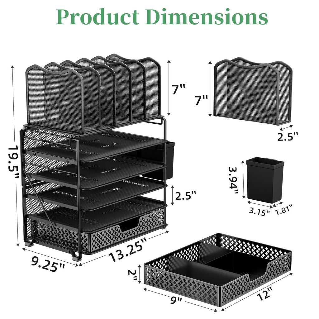 Simple Trending 7 Tier Desk File Organizer, Letter Tray Paper Organizer with Pen Holder and Metal Hanging Basket, Black