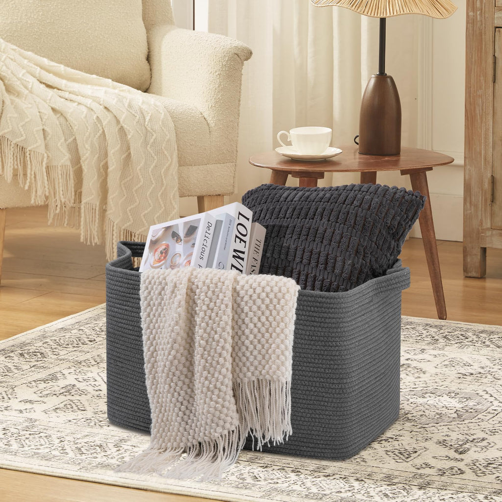 95L Extra Large Blanket Basket, 24" x 16.9" x 14.2" Woven Storage Basket for Living Room, Rectangle Nursery Blanket Storage for Toys, Towels, Dirty Clothes (Black)