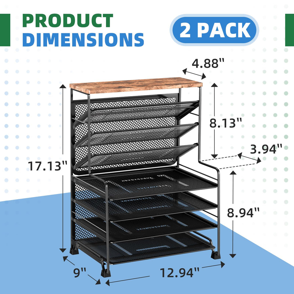 Simple Trending 7 Tier Desk File Organizer, Letter Tray Paper Organizer with Pen Holder and Metal Hanging Basket, Black