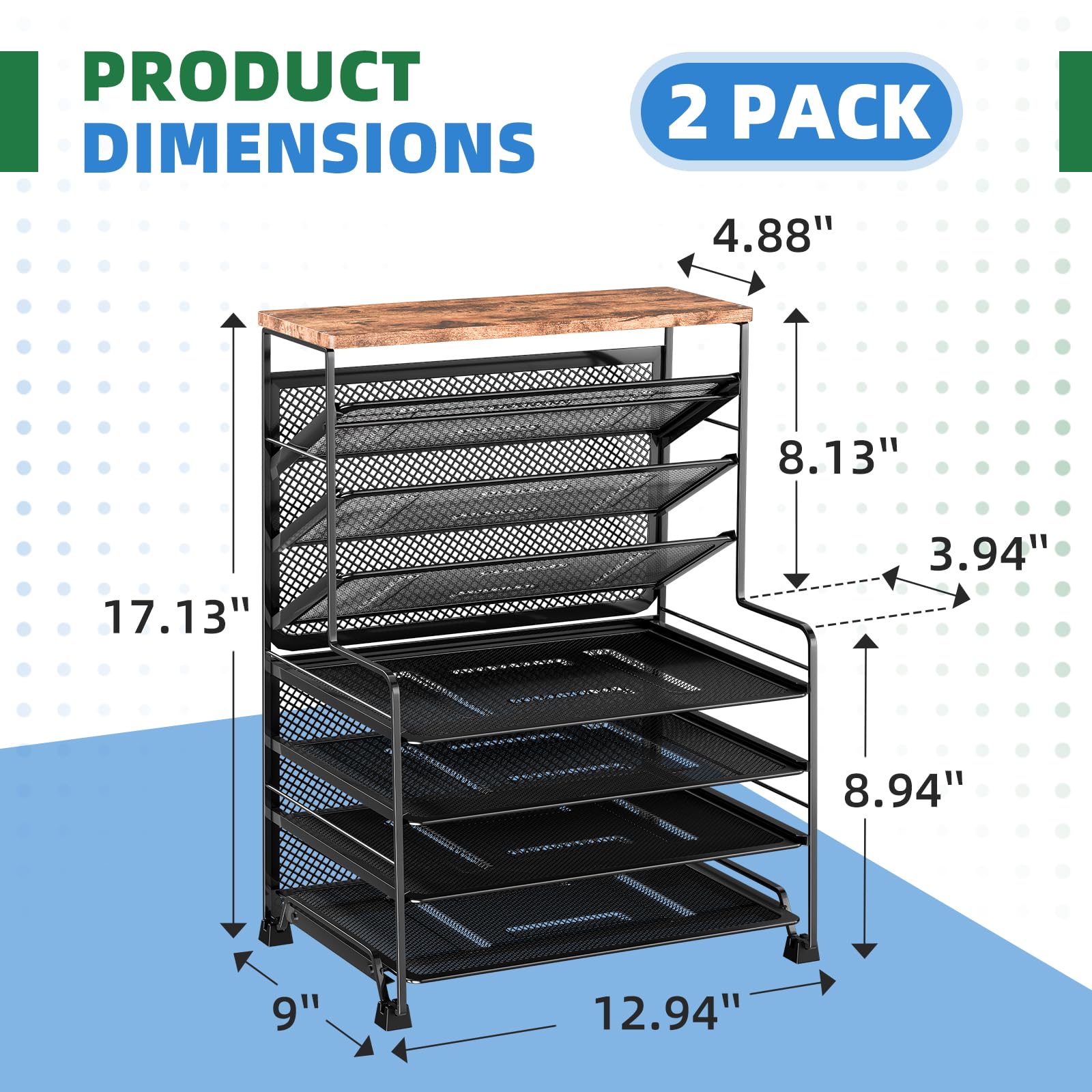Simple Trending 7 Tier Desk File Organizer, Letter Tray Paper Organizer with Pen Holder and Metal Hanging Basket, Black