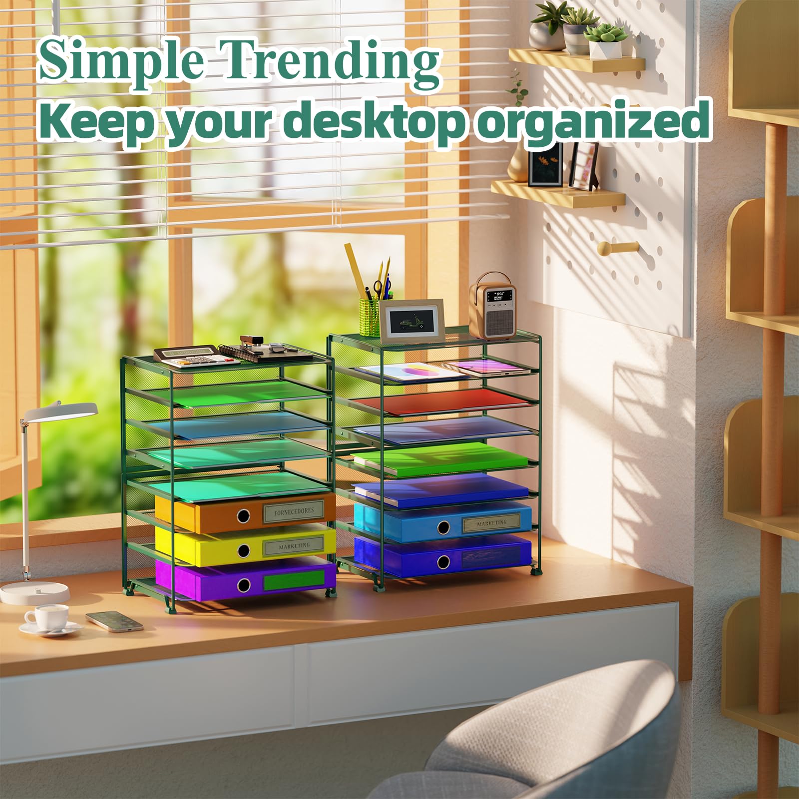 Simple Trending 7 Tier Desk File Organizer, Letter Tray Paper Organizer with Pen Holder and Metal Hanging Basket, Black
