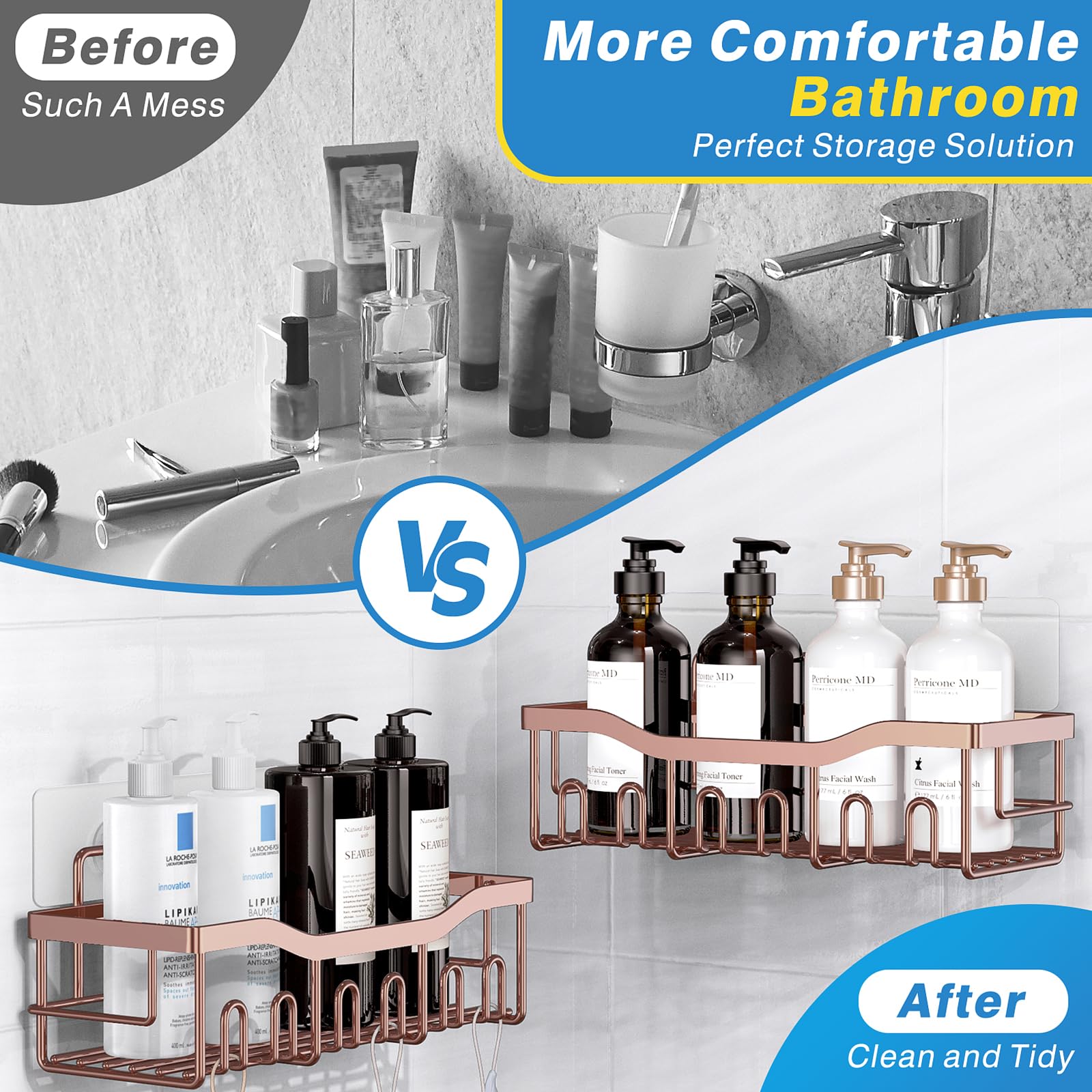 EUDELE Adhesive Shower Caddy, 5 Pack Rustproof Stainless Steel Bath Organizers With Large Capacity, No Drilling Shelves for Bathroom Storage & Home Decor