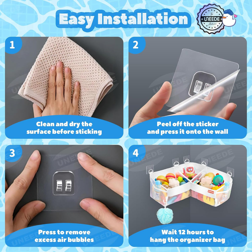 UNEEDE Bath Toy Storage - 3 Compartment Corner Bath Toy Storage Organizer, 4 Gallons Quick-Drying Bath Toy Holder, Machine-Washable Bathtub Toy Storage for Classify Toys & Bath Supplies