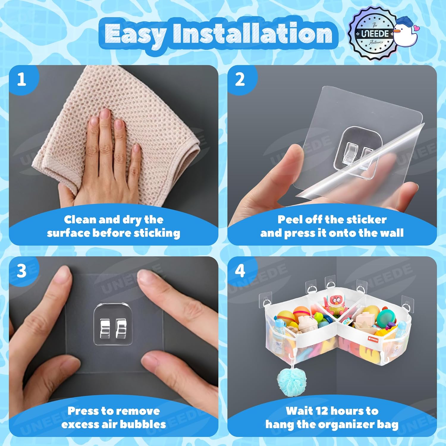 UNEEDE Bath Toy Storage - 3 Compartment Corner Bath Toy Storage Organizer, 4 Gallons Quick-Drying Bath Toy Holder, Machine-Washable Bathtub Toy Storage for Classify Toys & Bath Supplies