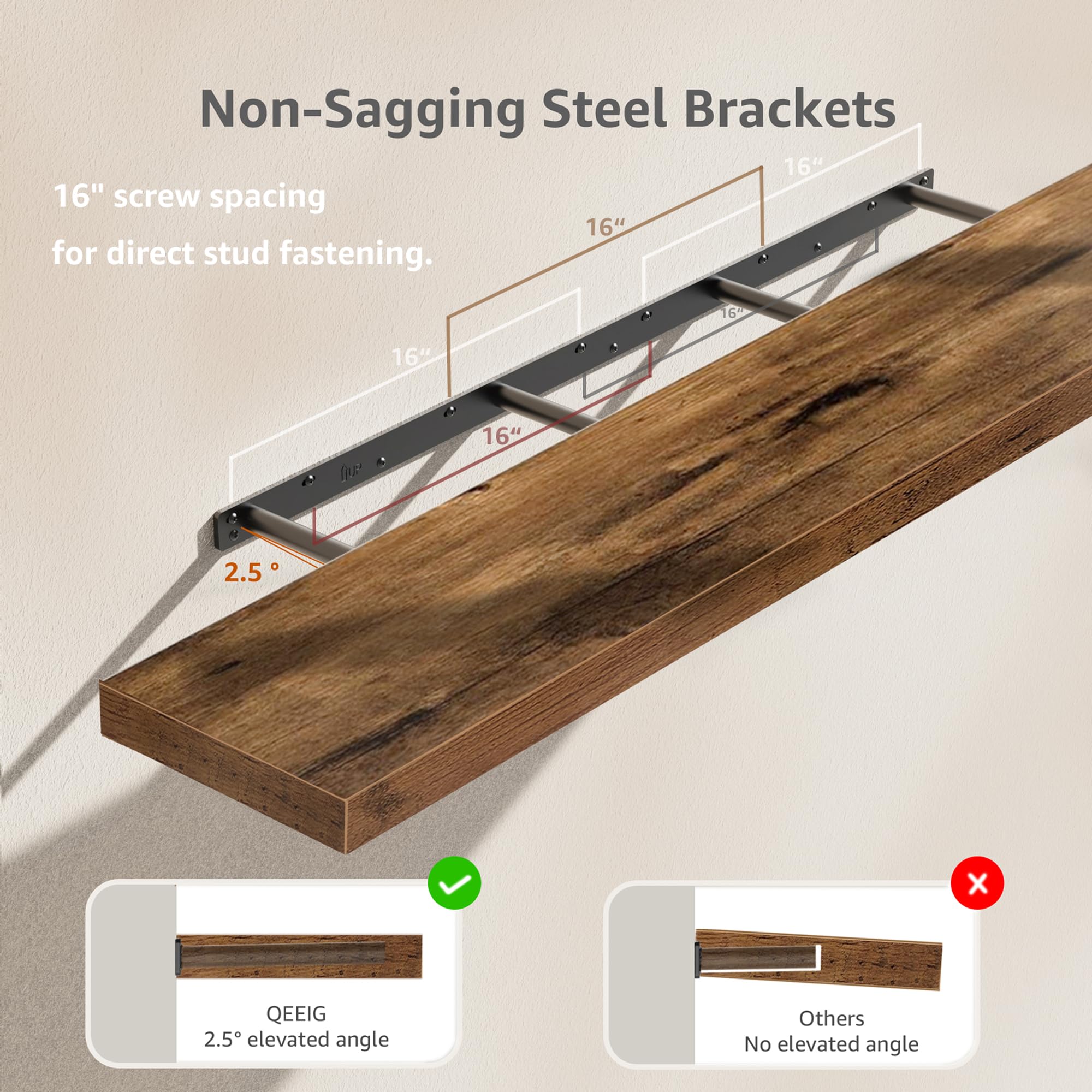 QEEIG Bathroom Floating Shelves for Wall - 15.7" Wall Mounted Shelf Over Toilet Farmhouse Home Decor Display Bookshelf Small 15.7 x 6.7 inch Set of 2, Rustic Brown (008-40BN)