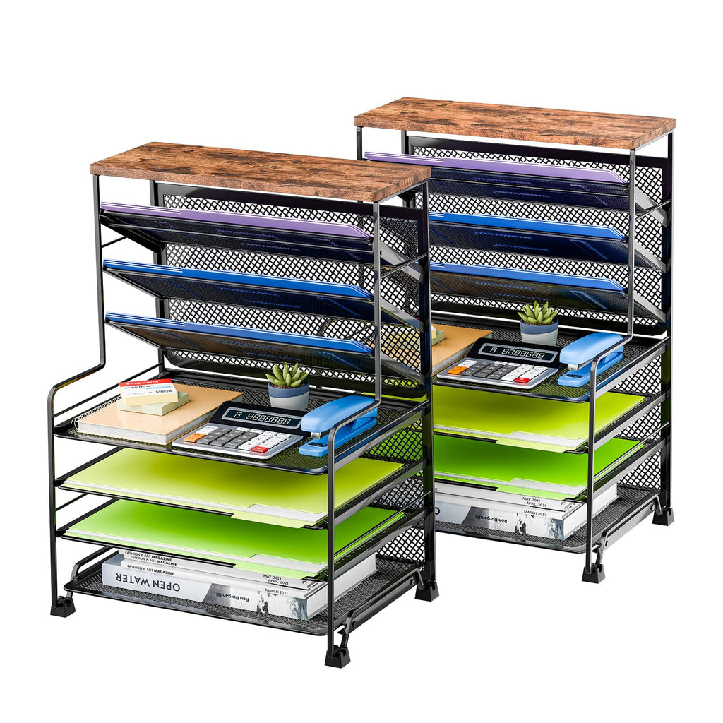 Simple Trending 7 Tier Desk File Organizer, Letter Tray Paper Organizer with Pen Holder and Metal Hanging Basket, Black