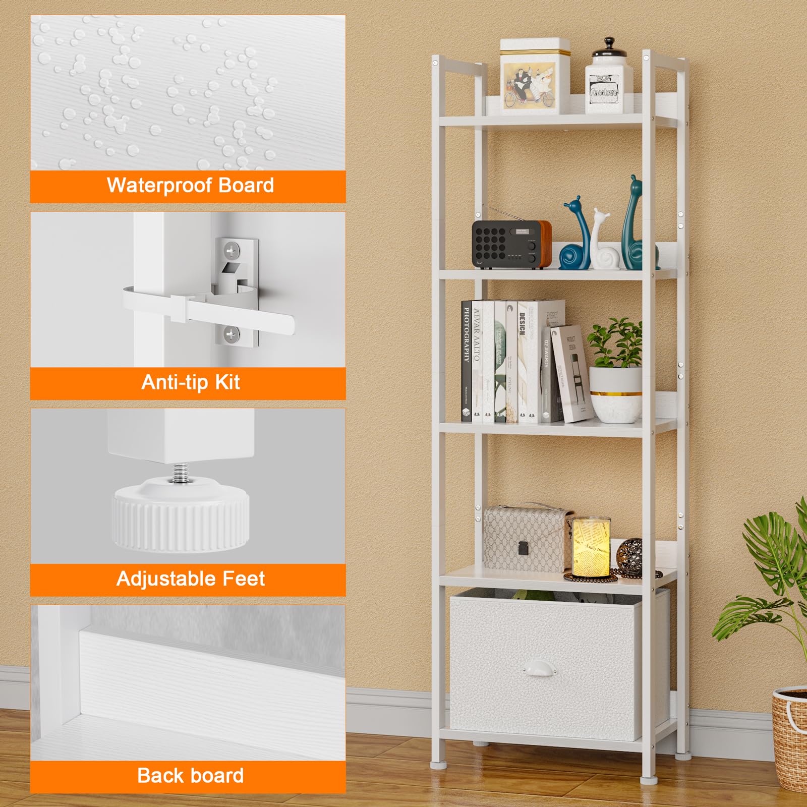 Furologee 5 Tier Bookshelf with Drawer, Tall Narrow Bookcase with Shelves, Wood and Metal Bookshelves Storage Organizer, Industrial Display Standing Shelf Unit for Bedroom, Living Room, Rustic Brown