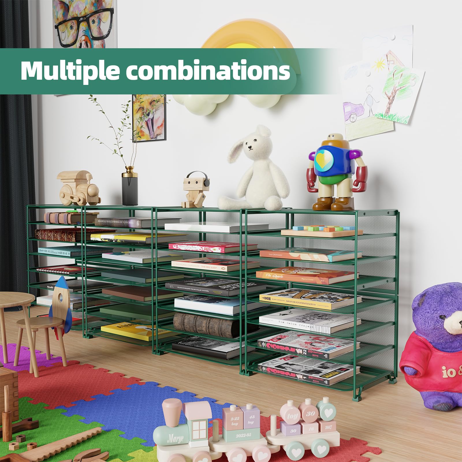 Simple Trending 7 Tier Desk File Organizer, Letter Tray Paper Organizer with Pen Holder and Metal Hanging Basket, Black