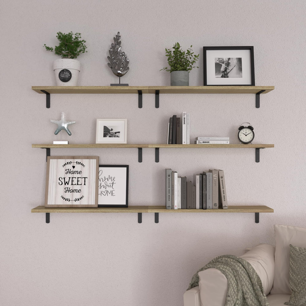 WOPITUES Wood Floating Shelves Set of 6, Shelves for Wall Decor, Farmhouse Shelf for Bedroom, Bathroom Storage Shelves, Book Shelves for Living Room - Rustic Brown