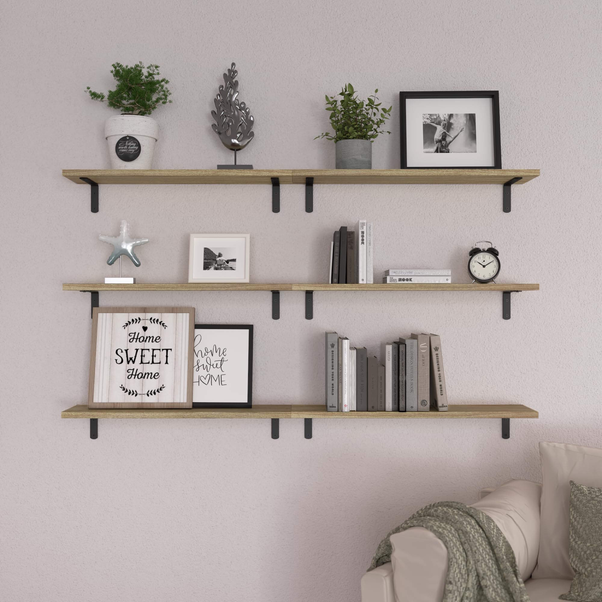 WOPITUES Wood Floating Shelves Set of 6, Shelves for Wall Decor, Farmhouse Shelf for Bedroom, Bathroom Storage Shelves, Book Shelves for Living Room - Rustic Brown