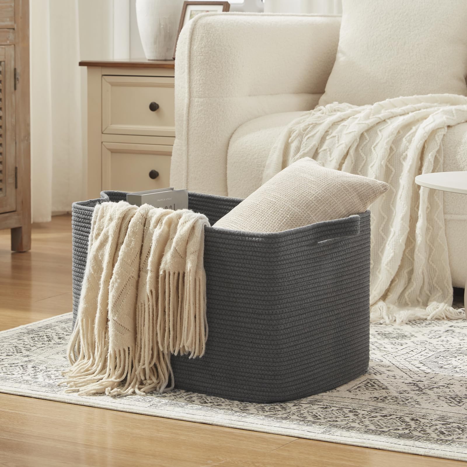 95L Extra Large Blanket Basket, 24" x 16.9" x 14.2" Woven Storage Basket for Living Room, Rectangle Nursery Blanket Storage for Toys, Towels, Dirty Clothes (Black)