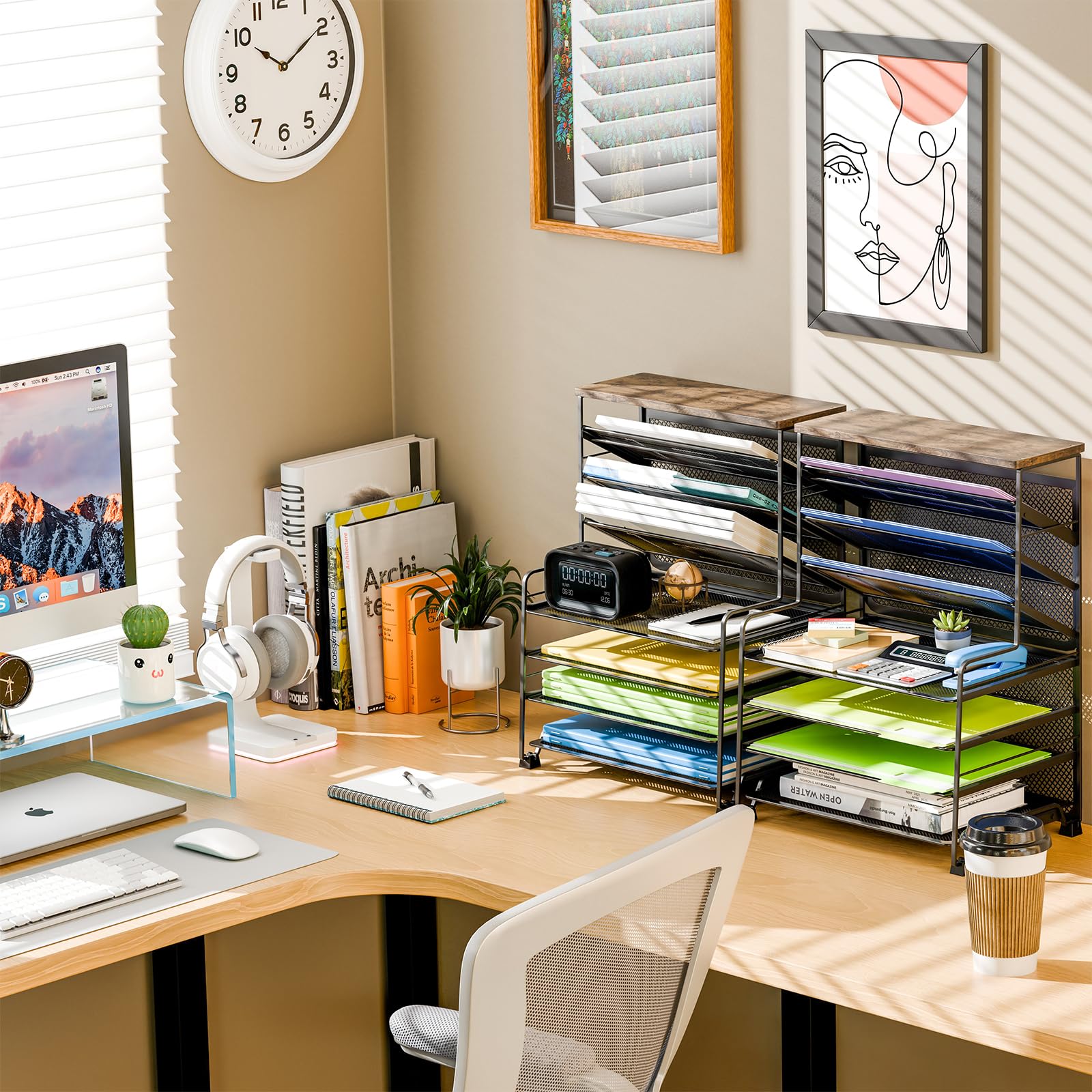 Simple Trending 7 Tier Desk File Organizer, Letter Tray Paper Organizer with Pen Holder and Metal Hanging Basket, Black