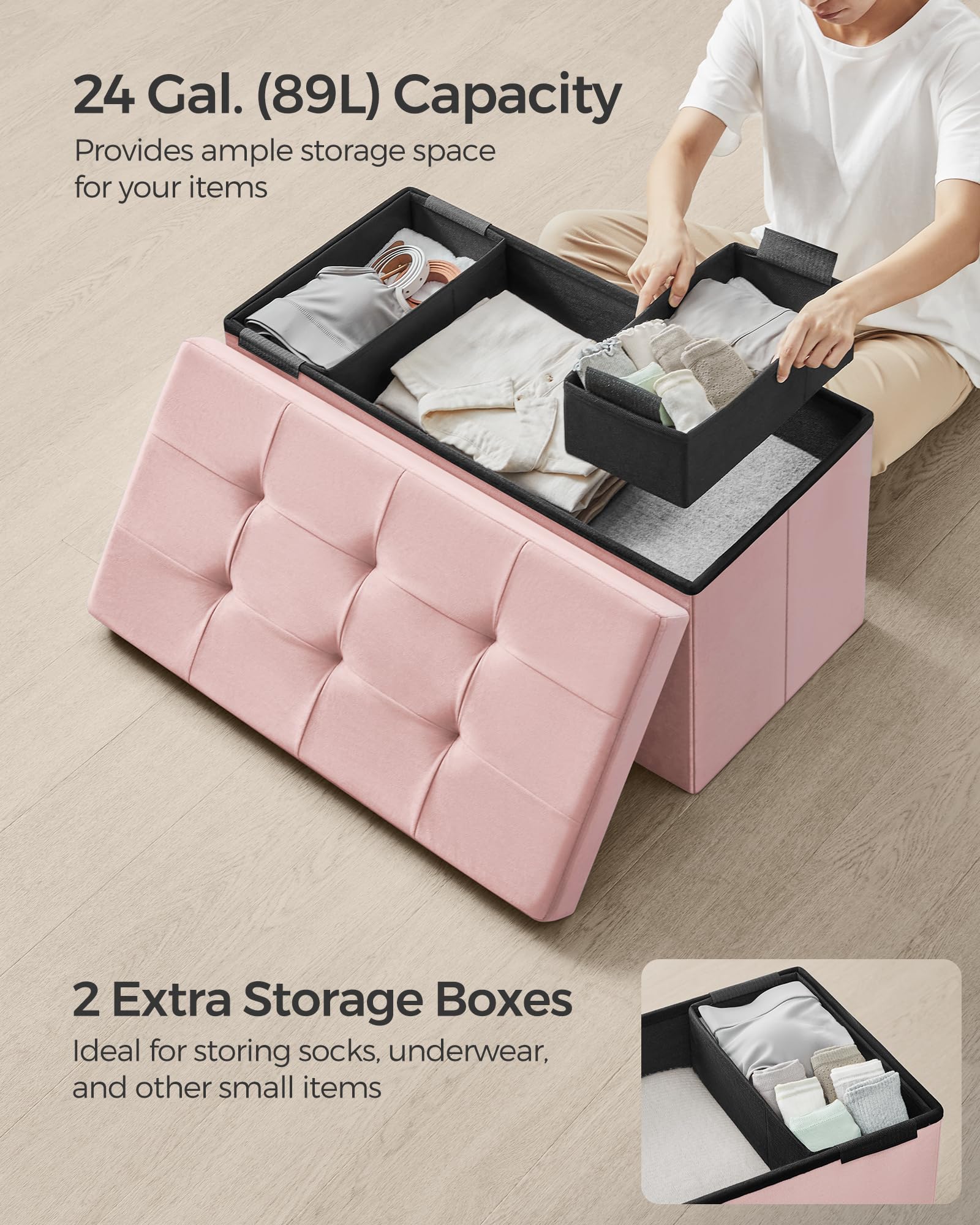 SONGMICS Mazie Collection - Storage Ottoman Bench, Foldable Foot Rest, 15 x 43 x 15 Inches, End of Bed Bench, Storage Chest, Load 660 lb, Living Room, Bedroom, Entryway, Jelly Pink ULSF277R01