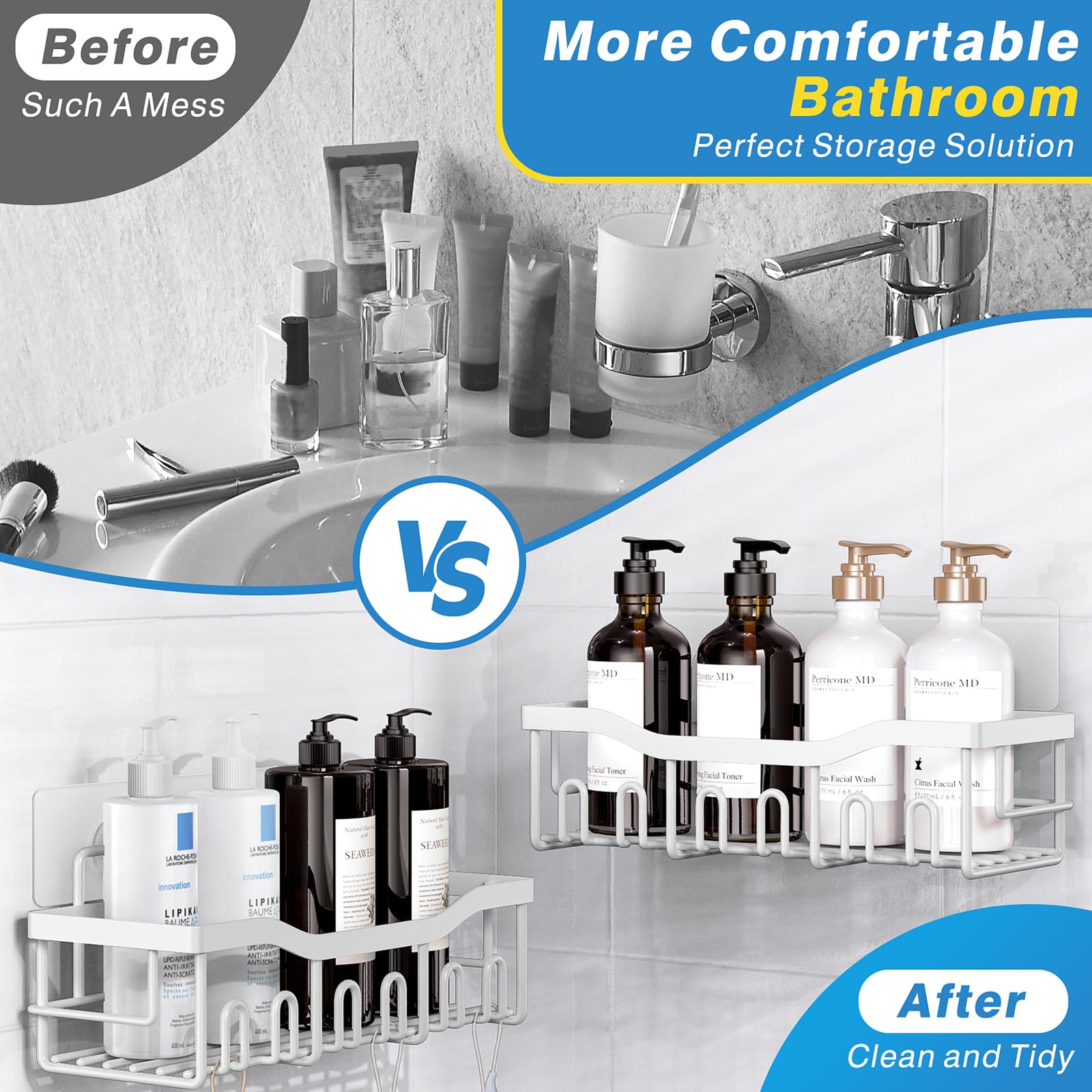 EUDELE Adhesive Shower Caddy, 5 Pack Rustproof Stainless Steel Bath Organizers With Large Capacity, No Drilling Shelves for Bathroom Storage & Home Decor