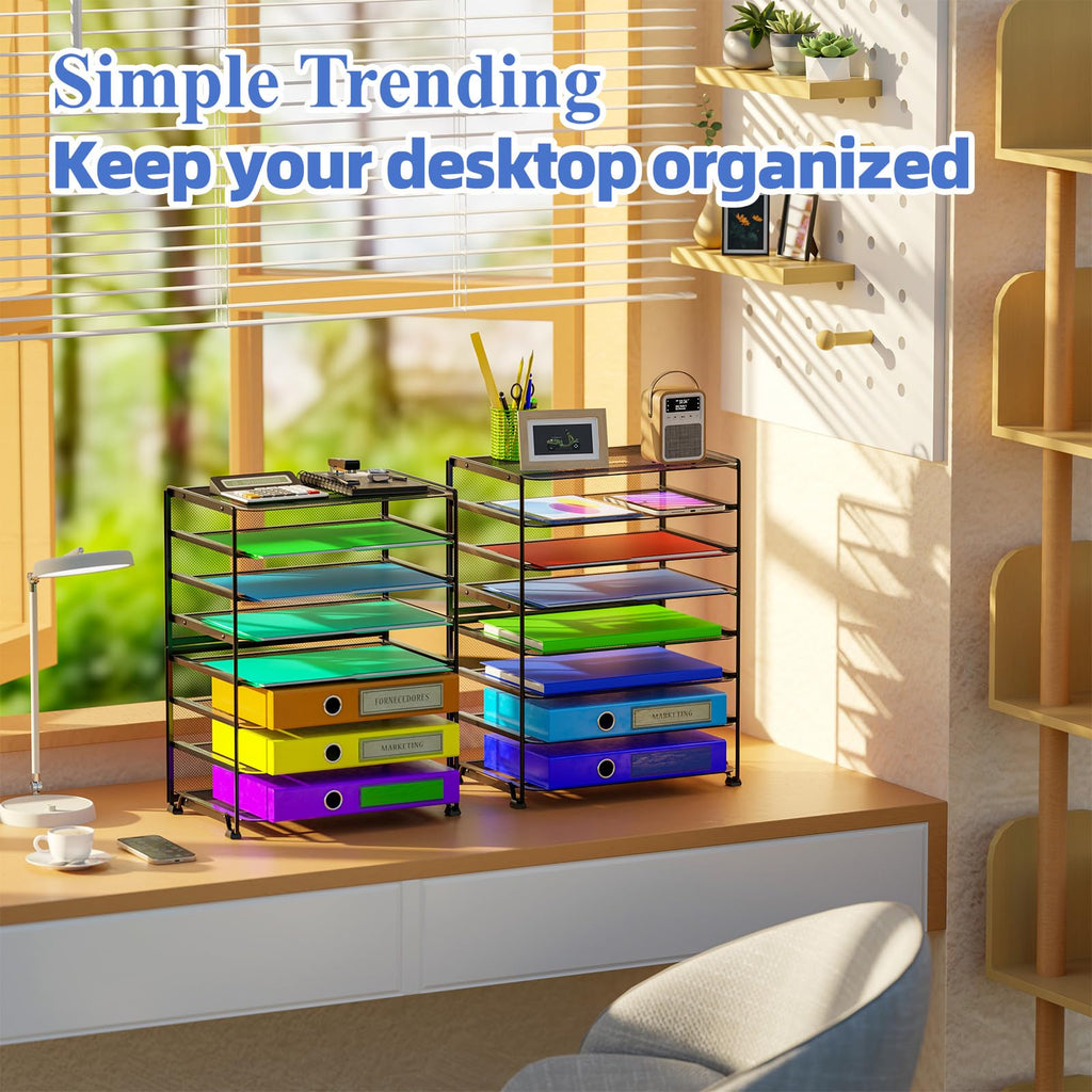 Simple Trending 7 Tier Desk File Organizer, Letter Tray Paper Organizer with Pen Holder and Metal Hanging Basket, Black