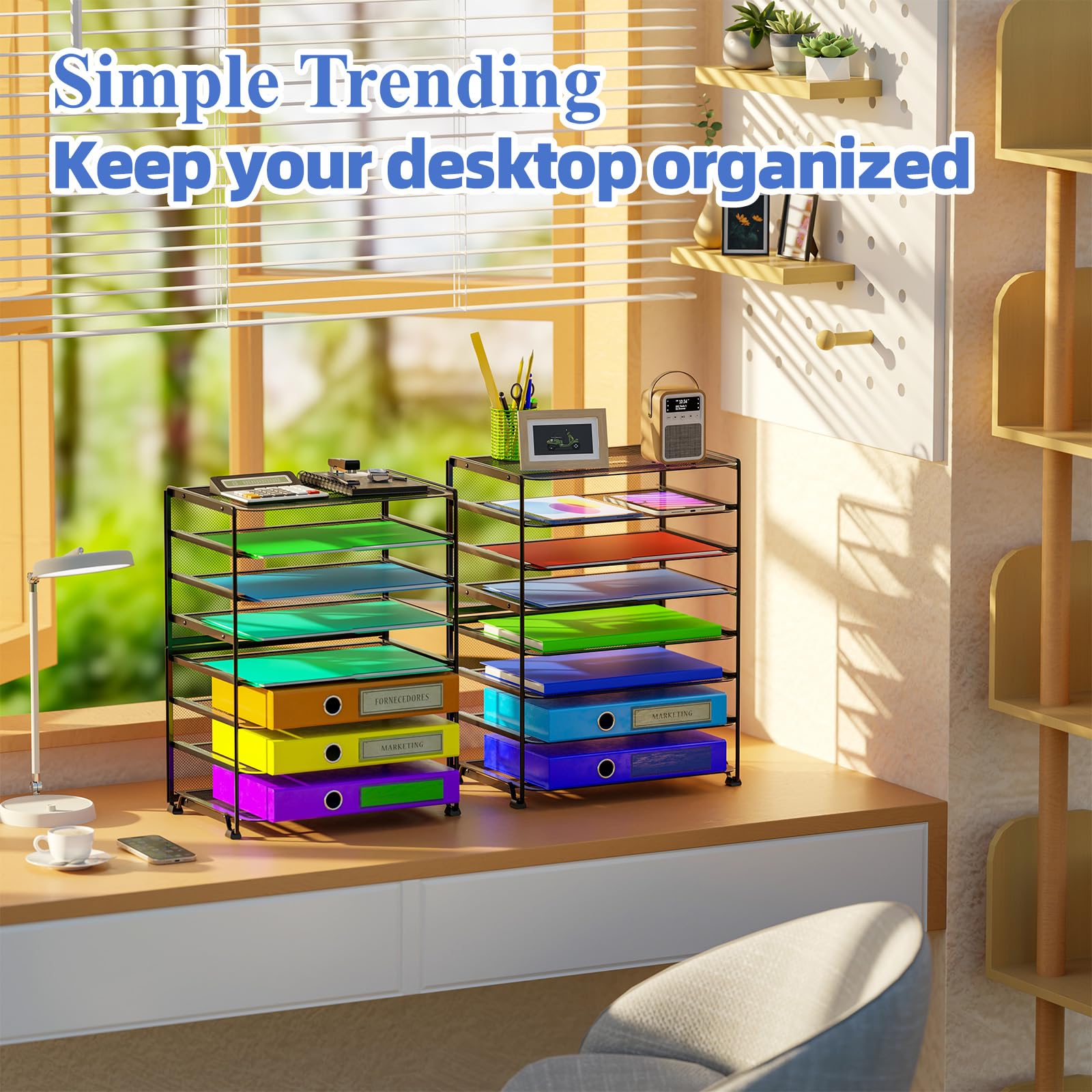 Simple Trending 7 Tier Desk File Organizer, Letter Tray Paper Organizer with Pen Holder and Metal Hanging Basket, Black