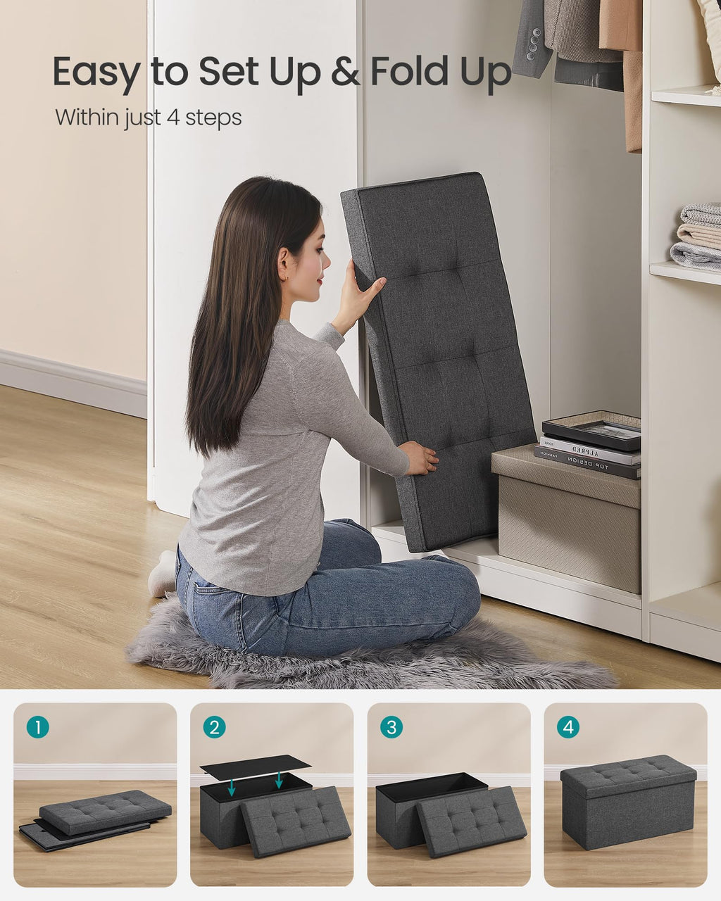 SONGMICS Mazie Collection - 30 Inches Folding Storage Ottoman Bench, Ottoman Foot Rest, End of Bed Bench, Storage Chest, Load 660 lb, for Living Room, Bedroom, Entryway, Ink Black ULSF047B01