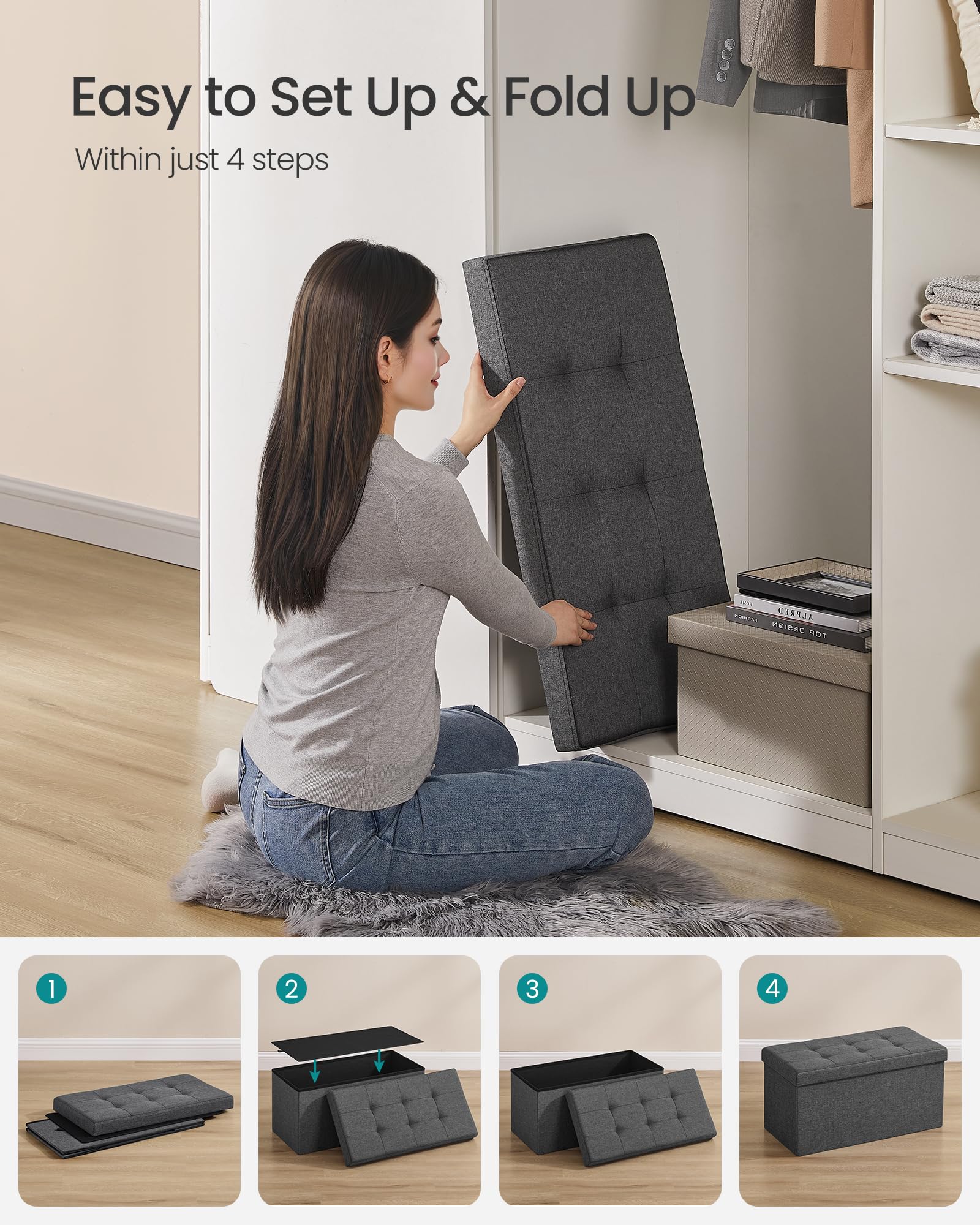 SONGMICS Mazie Collection - 30 Inches Folding Storage Ottoman Bench, Ottoman Foot Rest, End of Bed Bench, Storage Chest, Load 660 lb, for Living Room, Bedroom, Entryway, Ink Black ULSF047B01