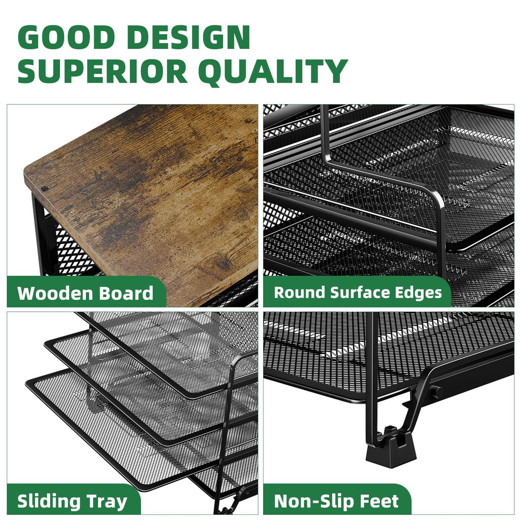 Simple Trending 7 Tier Desk File Organizer, Letter Tray Paper Organizer with Pen Holder and Metal Hanging Basket, Black