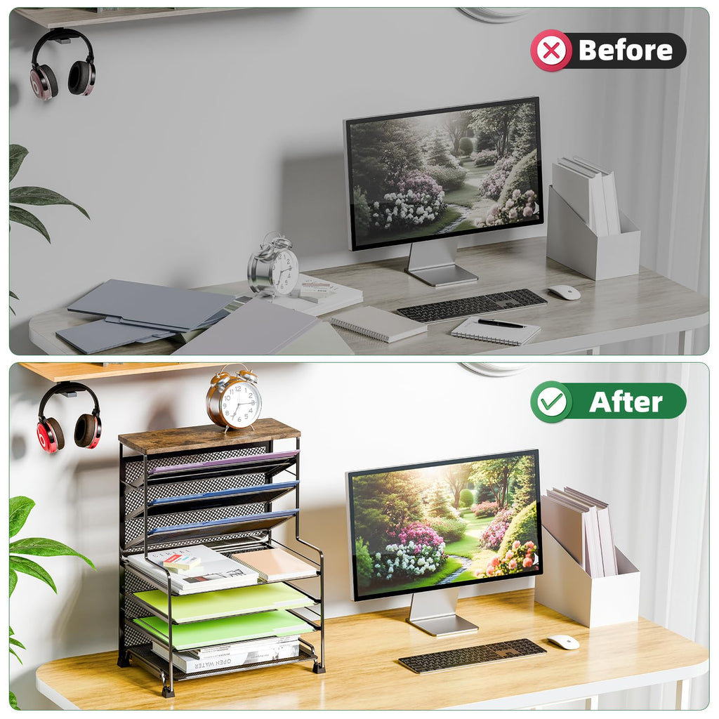 Simple Trending 7 Tier Desk File Organizer, Letter Tray Paper Organizer with Pen Holder and Metal Hanging Basket, Black