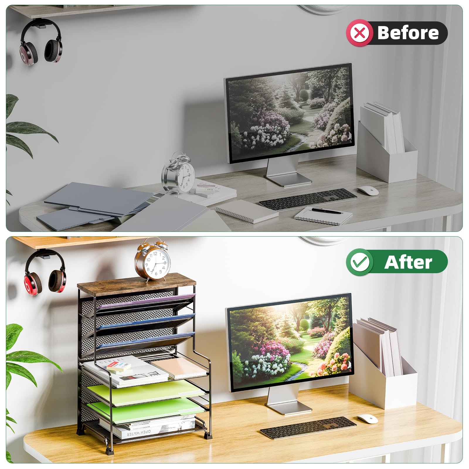 Simple Trending 7 Tier Desk File Organizer, Letter Tray Paper Organizer with Pen Holder and Metal Hanging Basket, Black