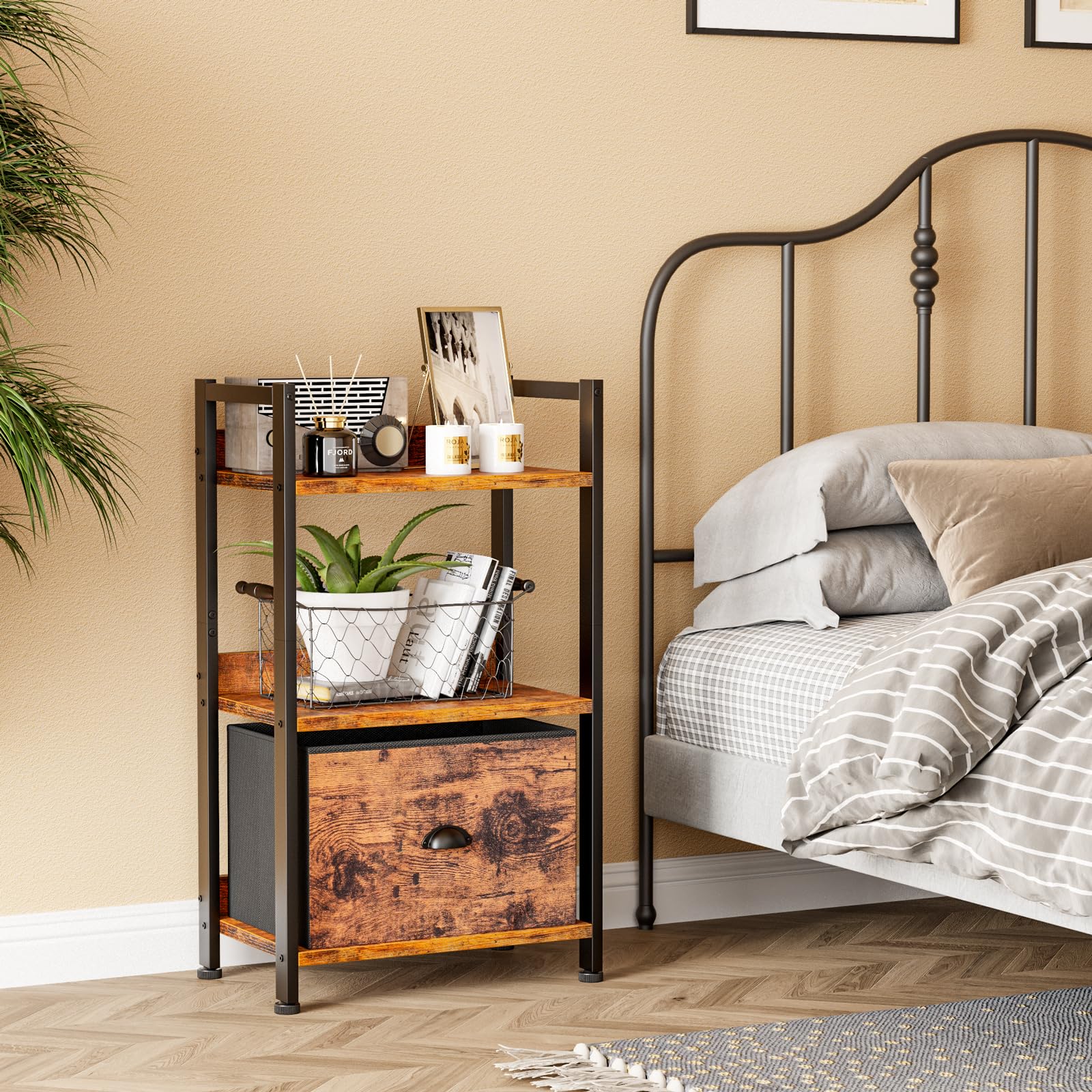 Furologee 5 Tier Bookshelf with Drawer, Tall Narrow Bookcase with Shelves, Wood and Metal Bookshelves Storage Organizer, Industrial Display Standing Shelf Unit for Bedroom, Living Room, Rustic Brown