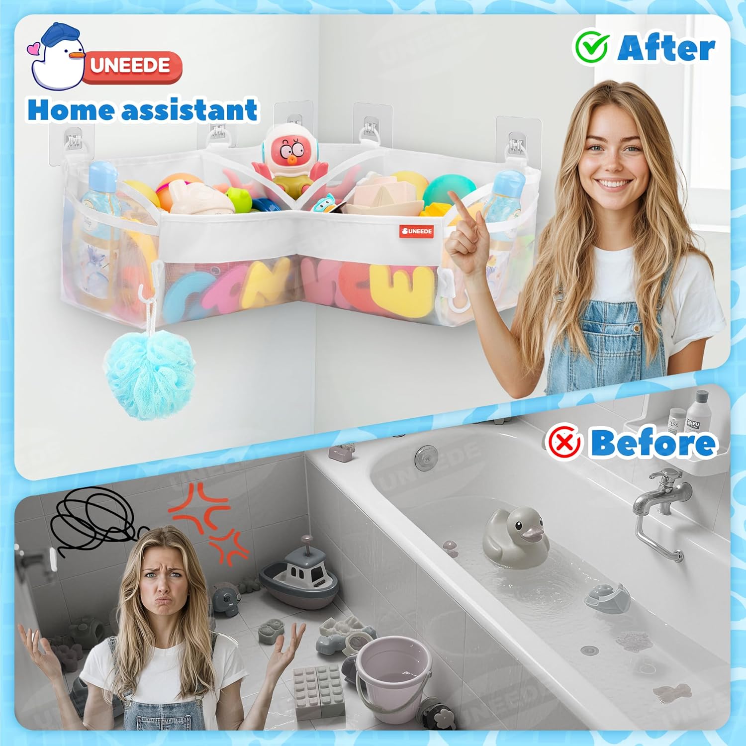 UNEEDE Bath Toy Storage - 3 Compartment Corner Bath Toy Storage Organizer, 4 Gallons Quick-Drying Bath Toy Holder, Machine-Washable Bathtub Toy Storage for Classify Toys & Bath Supplies