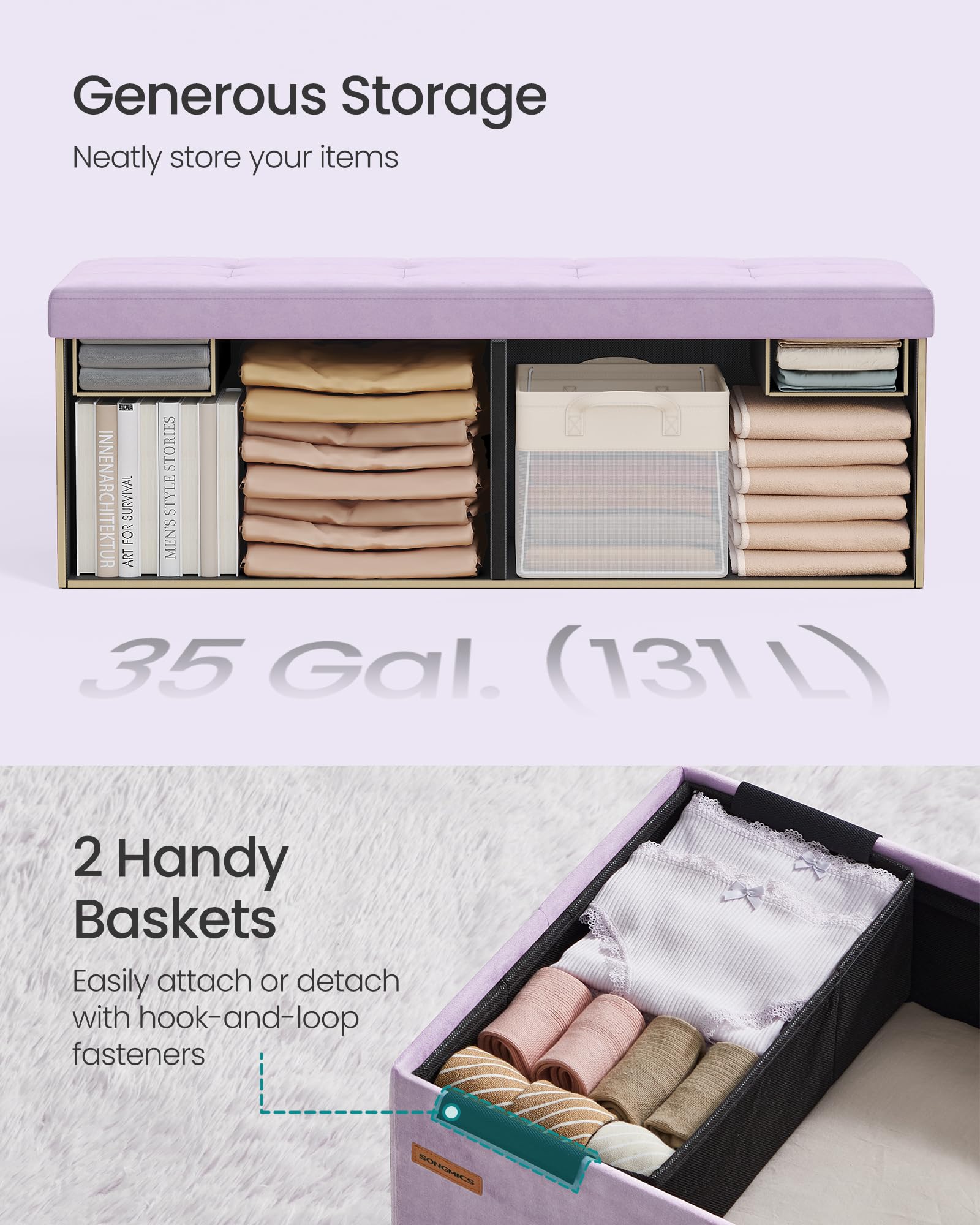 SONGMICS Mazie Collection - Storage Ottoman Bench, Foldable Foot Rest, 15 x 43 x 15 Inches, End of Bed Bench, Storage Chest, Load 660 lb, Living Room, Bedroom, Entryway, Jelly Pink ULSF277R01