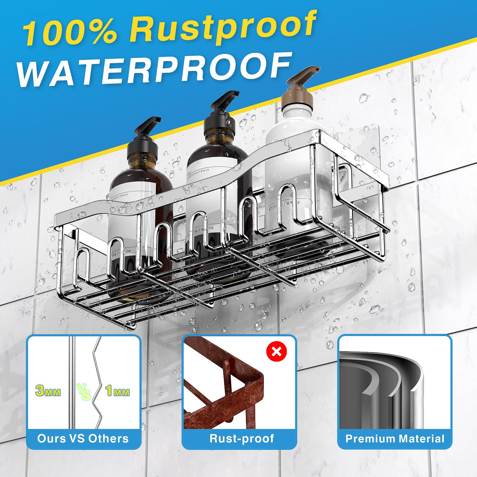 EUDELE Adhesive Shower Caddy, 5 Pack Rustproof Stainless Steel Bath Organizers With Large Capacity, No Drilling Shelves for Bathroom Storage & Home Decor