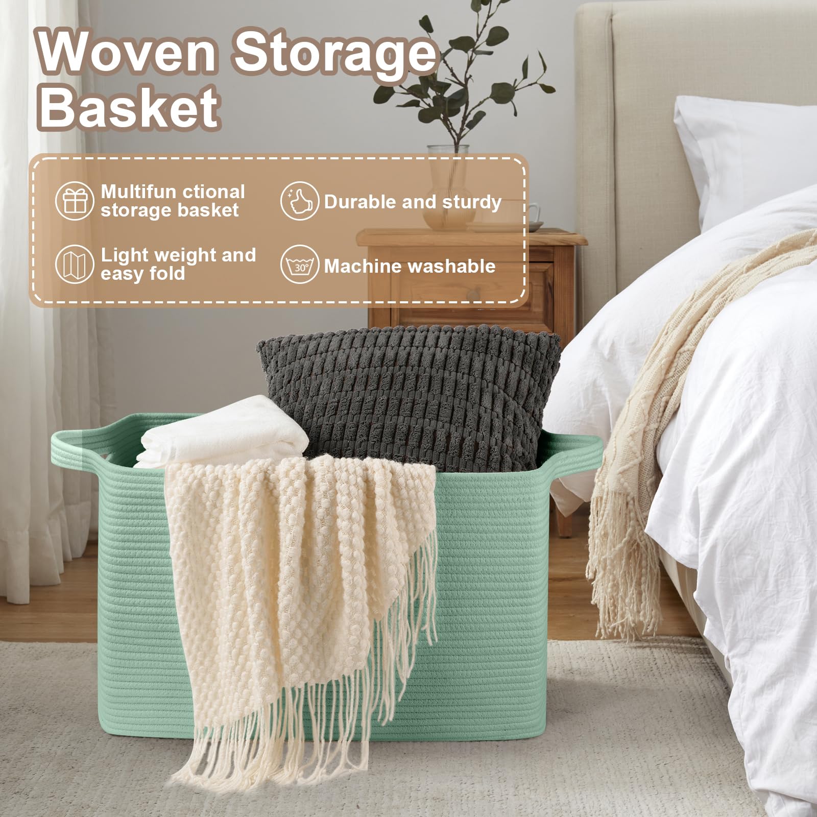 95L Extra Large Blanket Basket, 24" x 16.9" x 14.2" Woven Storage Basket for Living Room, Rectangle Nursery Blanket Storage for Toys, Towels, Dirty Clothes (Black)