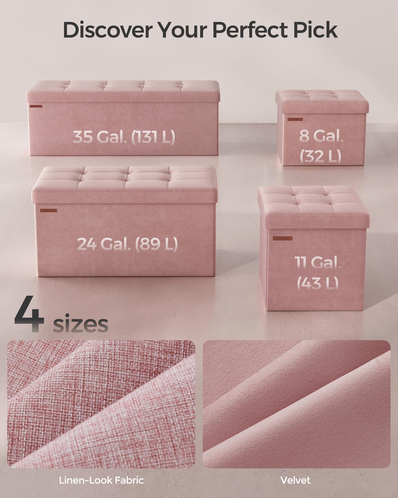 SONGMICS Mazie Collection - Storage Ottoman Bench, Foldable Foot Rest, 15 x 43 x 15 Inches, End of Bed Bench, Storage Chest, Load 660 lb, Living Room, Bedroom, Entryway, Jelly Pink ULSF277R01