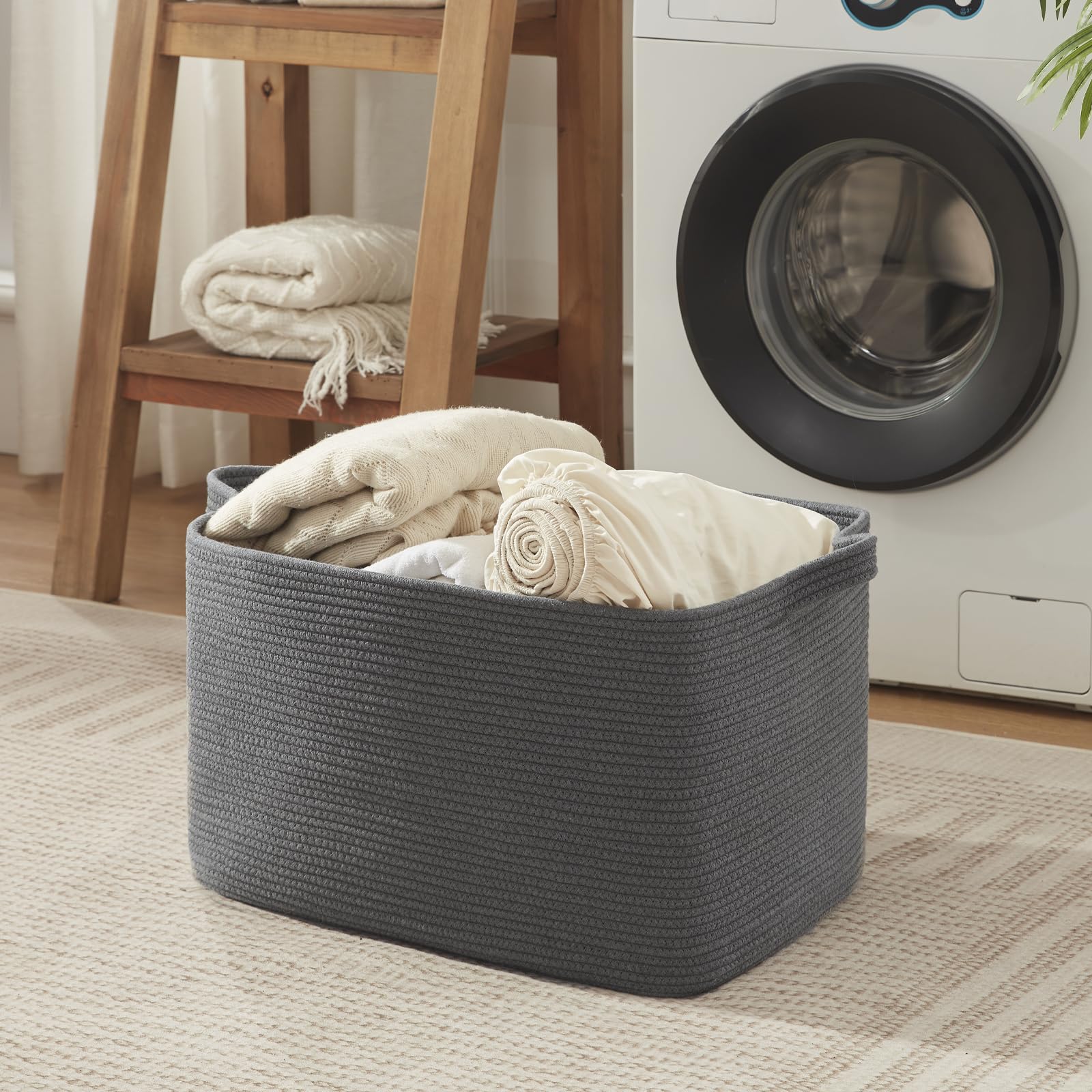 95L Extra Large Blanket Basket, 24" x 16.9" x 14.2" Woven Storage Basket for Living Room, Rectangle Nursery Blanket Storage for Toys, Towels, Dirty Clothes (Black)