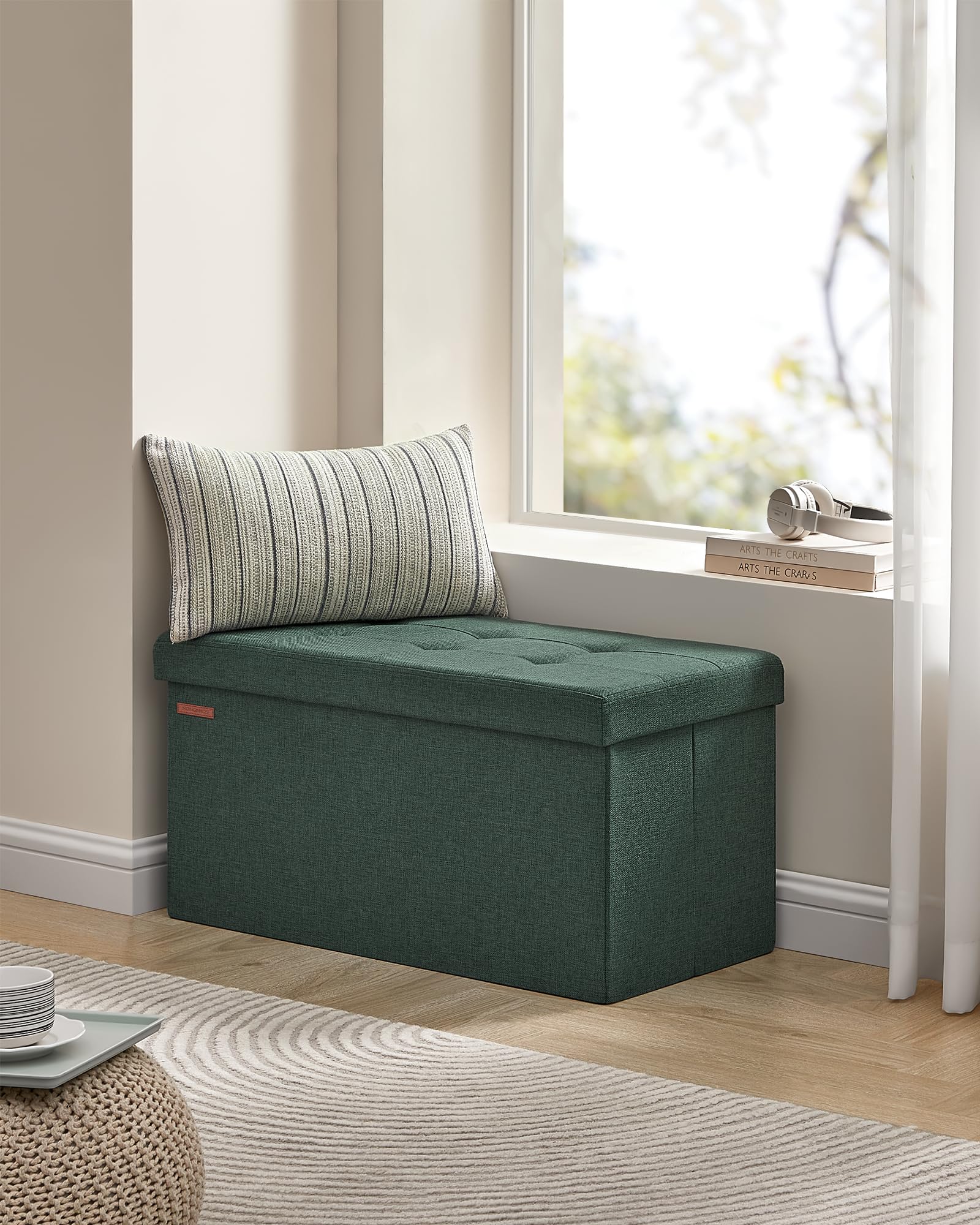 SONGMICS Mazie Collection - 30 Inches Folding Storage Ottoman Bench, Ottoman Foot Rest, End of Bed Bench, Storage Chest, Load 660 lb, for Living Room, Bedroom, Entryway, Ink Black ULSF047B01