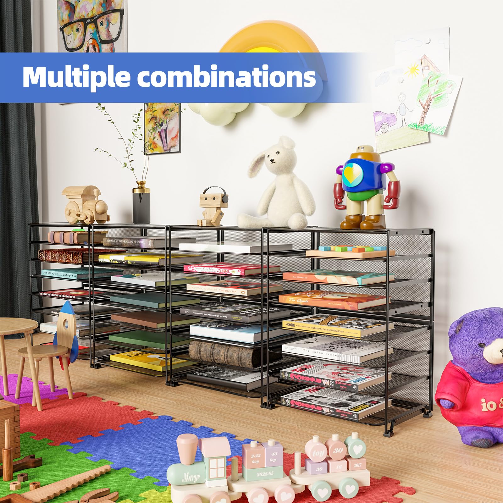 Simple Trending 7 Tier Desk File Organizer, Letter Tray Paper Organizer with Pen Holder and Metal Hanging Basket, Black