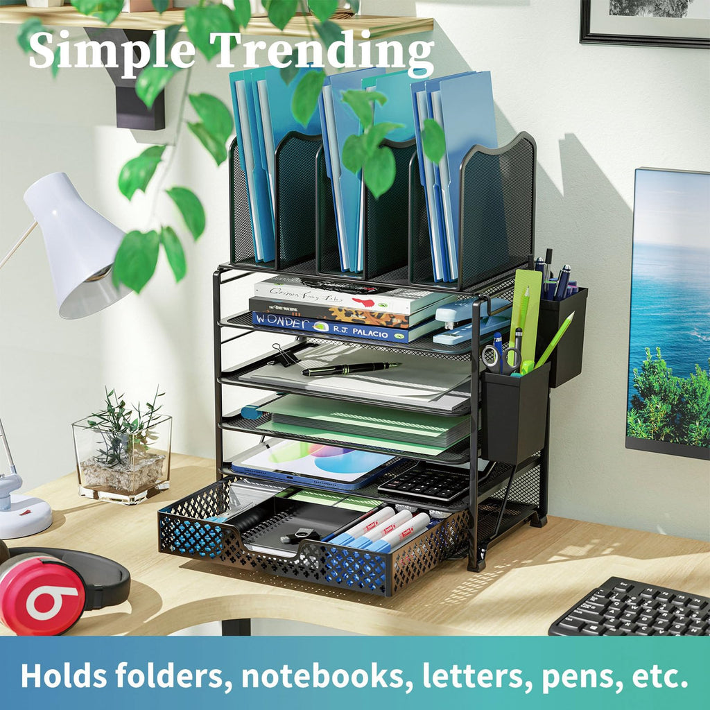 Simple Trending 7 Tier Desk File Organizer, Letter Tray Paper Organizer with Pen Holder and Metal Hanging Basket, Black