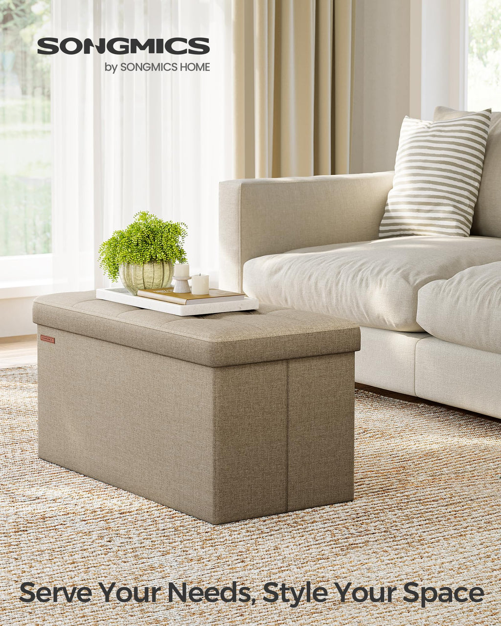 SONGMICS Mazie Collection - 30 Inches Folding Storage Ottoman Bench, Ottoman Foot Rest, End of Bed Bench, Storage Chest, Load 660 lb, for Living Room, Bedroom, Entryway, Ink Black ULSF047B01