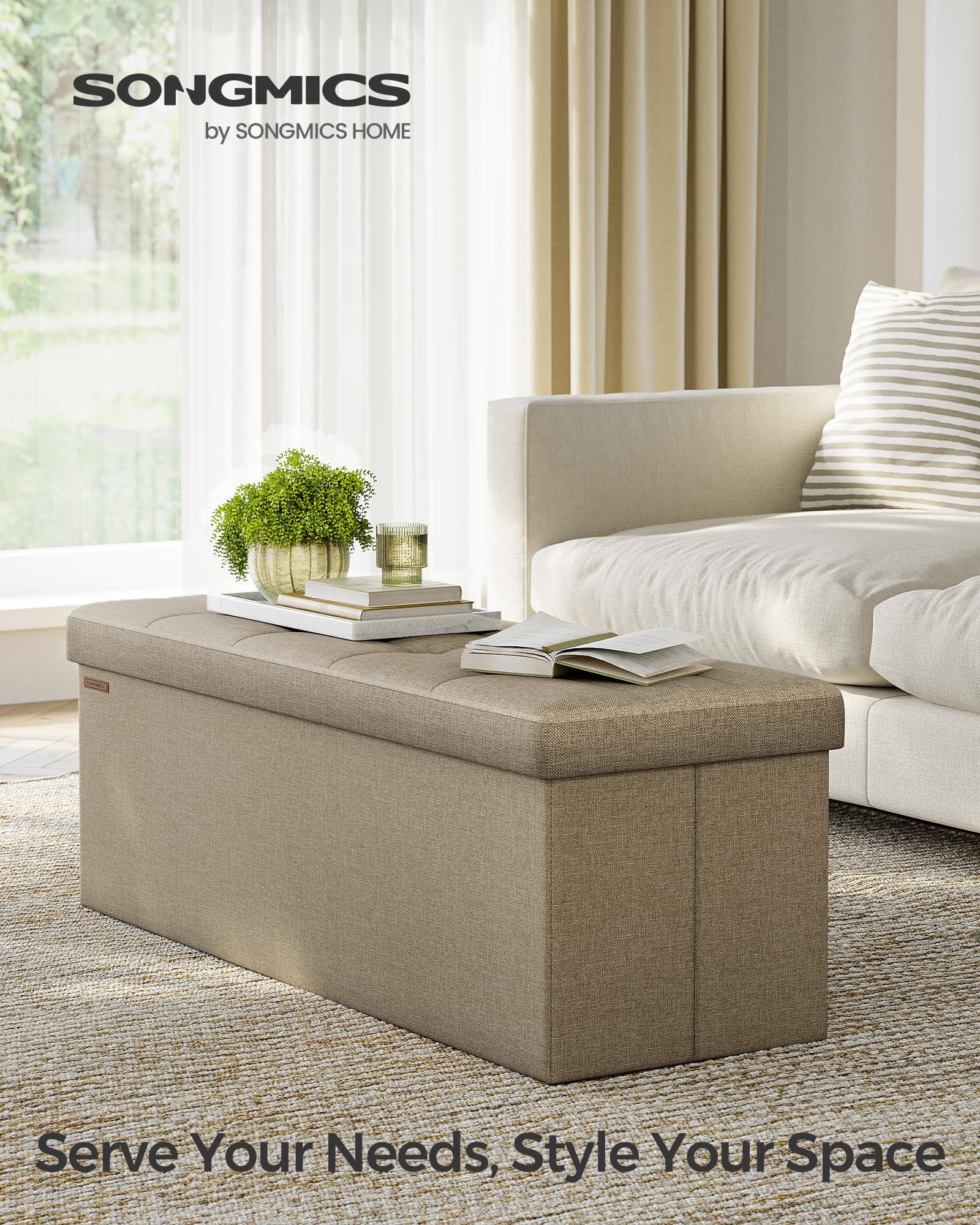 SONGMICS Mazie Collection - 30 Inches Folding Storage Ottoman Bench, Ottoman Foot Rest, End of Bed Bench, Storage Chest, Load 660 lb, for Living Room, Bedroom, Entryway, Ink Black ULSF047B01