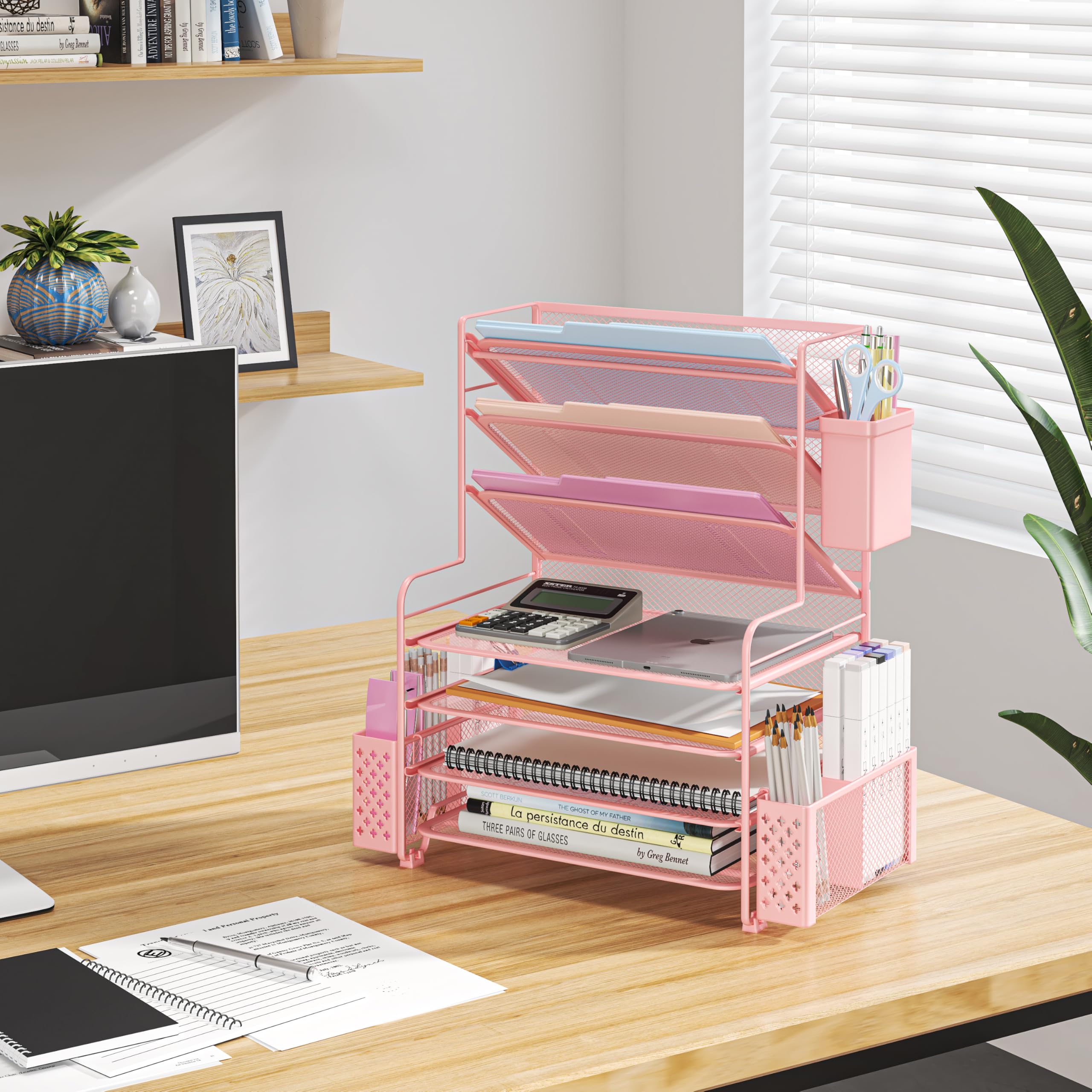 Simple Trending 7 Tier Desk File Organizer, Letter Tray Paper Organizer with Pen Holder and Metal Hanging Basket, Black