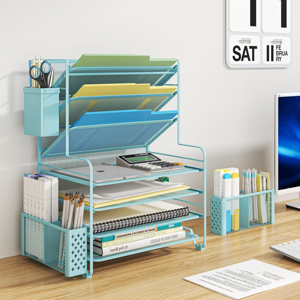 Simple Trending 7 Tier Desk File Organizer, Letter Tray Paper Organizer with Pen Holder and Metal Hanging Basket, Black