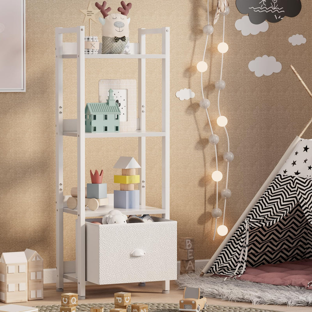 Furologee 5 Tier Bookshelf with Drawer, Tall Narrow Bookcase with Shelves, Wood and Metal Bookshelves Storage Organizer, Industrial Display Standing Shelf Unit for Bedroom, Living Room, Rustic Brown