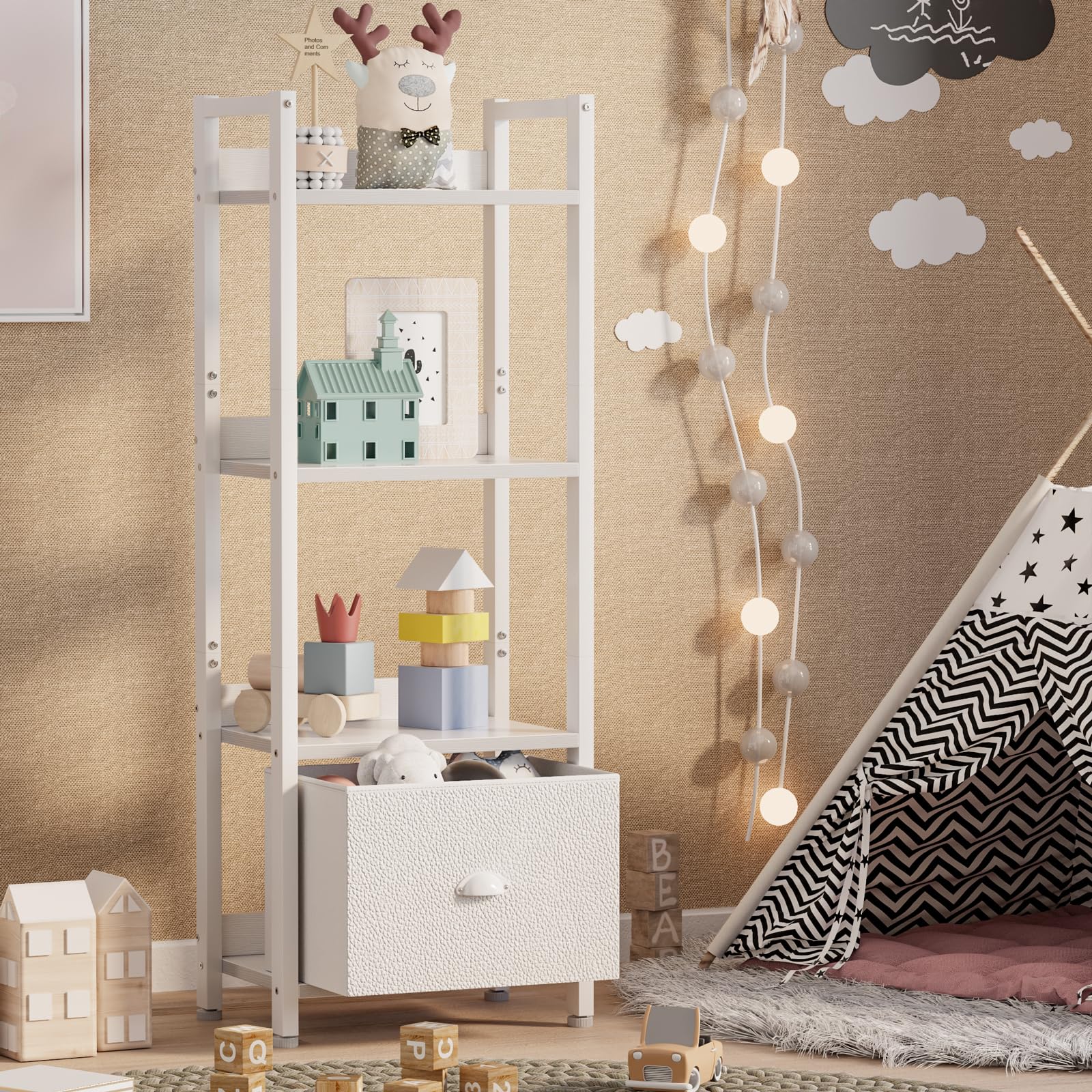 Furologee 5 Tier Bookshelf with Drawer, Tall Narrow Bookcase with Shelves, Wood and Metal Bookshelves Storage Organizer, Industrial Display Standing Shelf Unit for Bedroom, Living Room, Rustic Brown