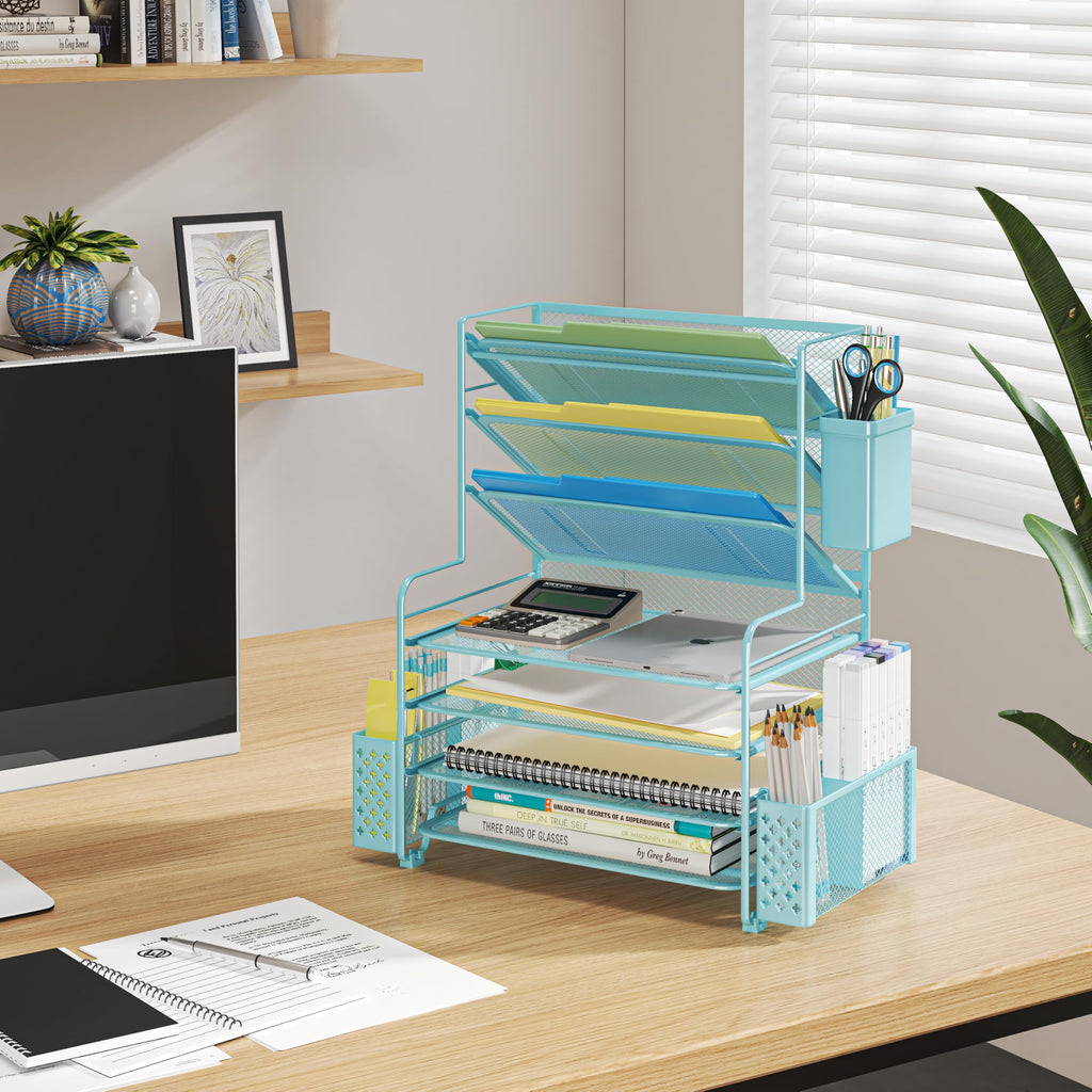 Simple Trending 7 Tier Desk File Organizer, Letter Tray Paper Organizer with Pen Holder and Metal Hanging Basket, Black