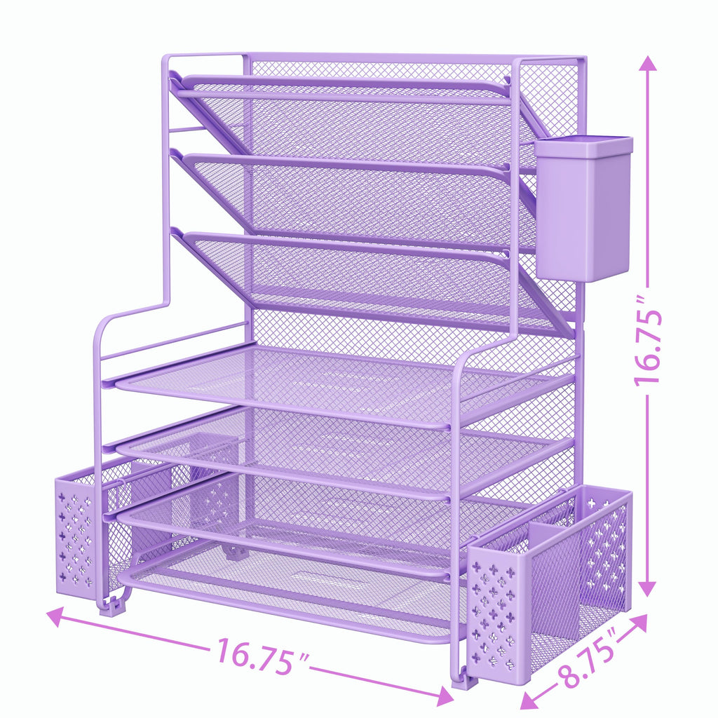 Simple Trending 7 Tier Desk File Organizer, Letter Tray Paper Organizer with Pen Holder and Metal Hanging Basket, Black