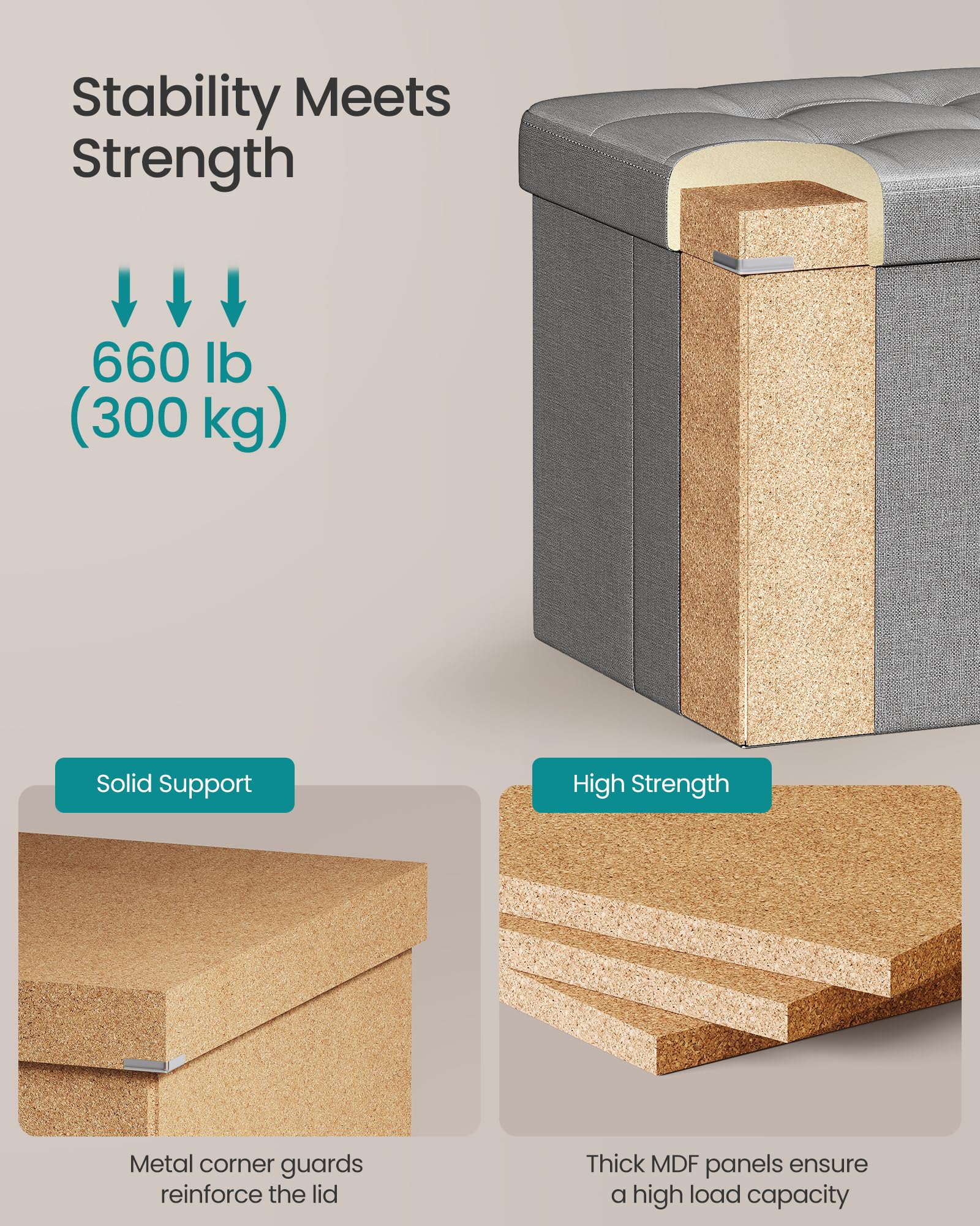 SONGMICS Mazie Collection - 30 Inches Folding Storage Ottoman Bench, Ottoman Foot Rest, End of Bed Bench, Storage Chest, Load 660 lb, for Living Room, Bedroom, Entryway, Ink Black ULSF047B01