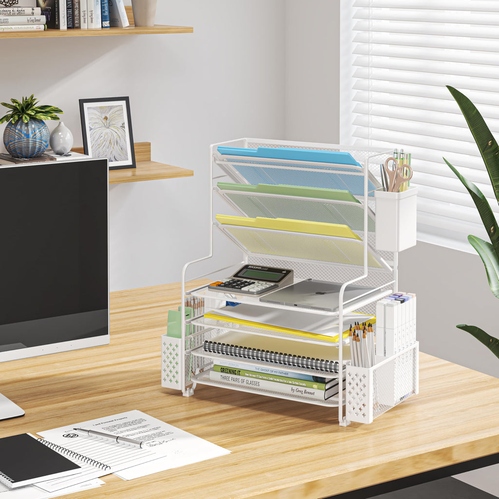 Simple Trending 7 Tier Desk File Organizer, Letter Tray Paper Organizer with Pen Holder and Metal Hanging Basket, Black