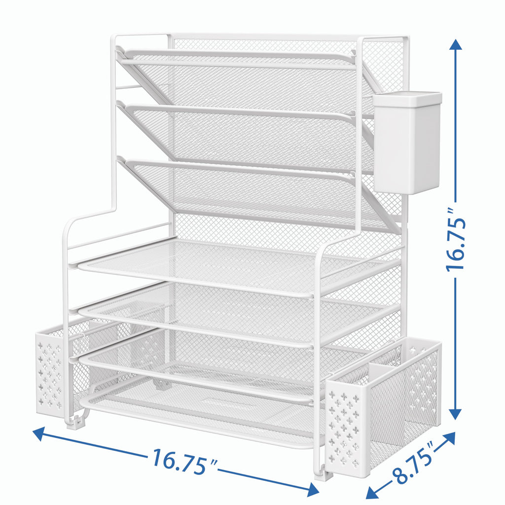 Simple Trending 7 Tier Desk File Organizer, Letter Tray Paper Organizer with Pen Holder and Metal Hanging Basket, Black
